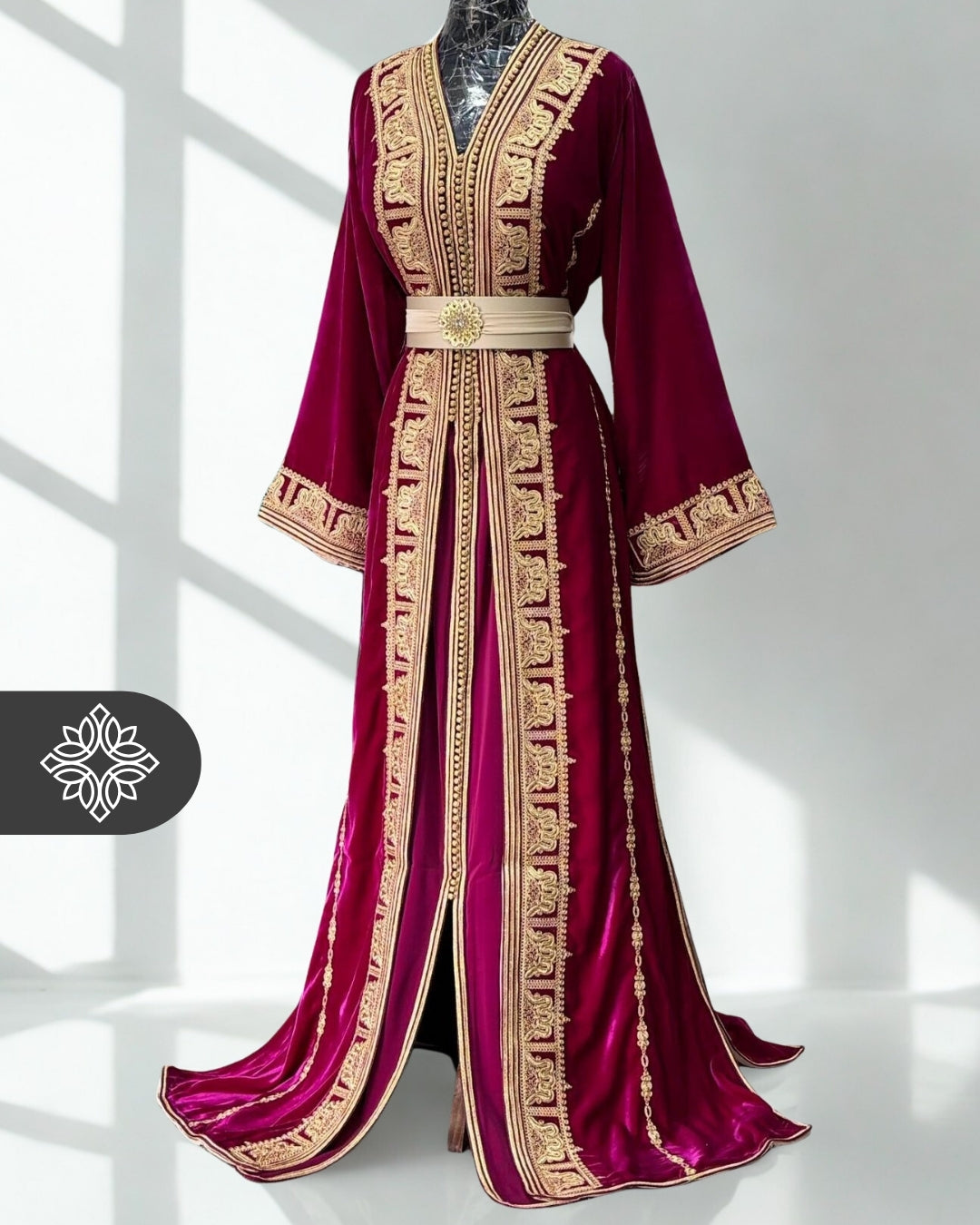 Takchita marocaine bleu royal | Caftan deux pièces en velours couture de luxe | Broderie ton sur ton dorée