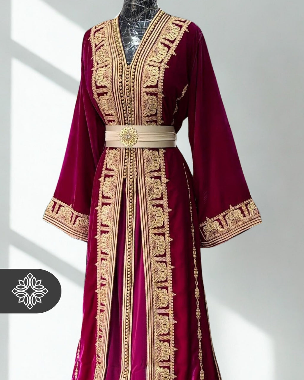 Deep Plum Moroccan Takchita | Luxury Velvet Couture Two-Piece Kaftan | Golden Tonal Embroidery