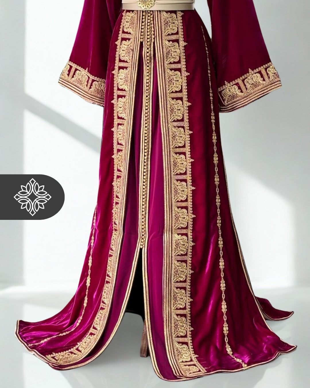Deep Plum Moroccan Takchita | Luxury Velvet Couture Two-Piece Kaftan | Golden Tonal Embroidery