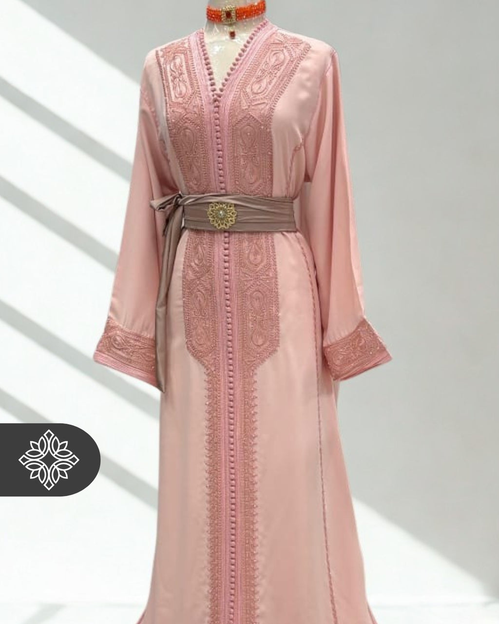 Pink Moroccan Kaftan | Luxury One-Piece Kaftan | Matching Tonal Embroidery