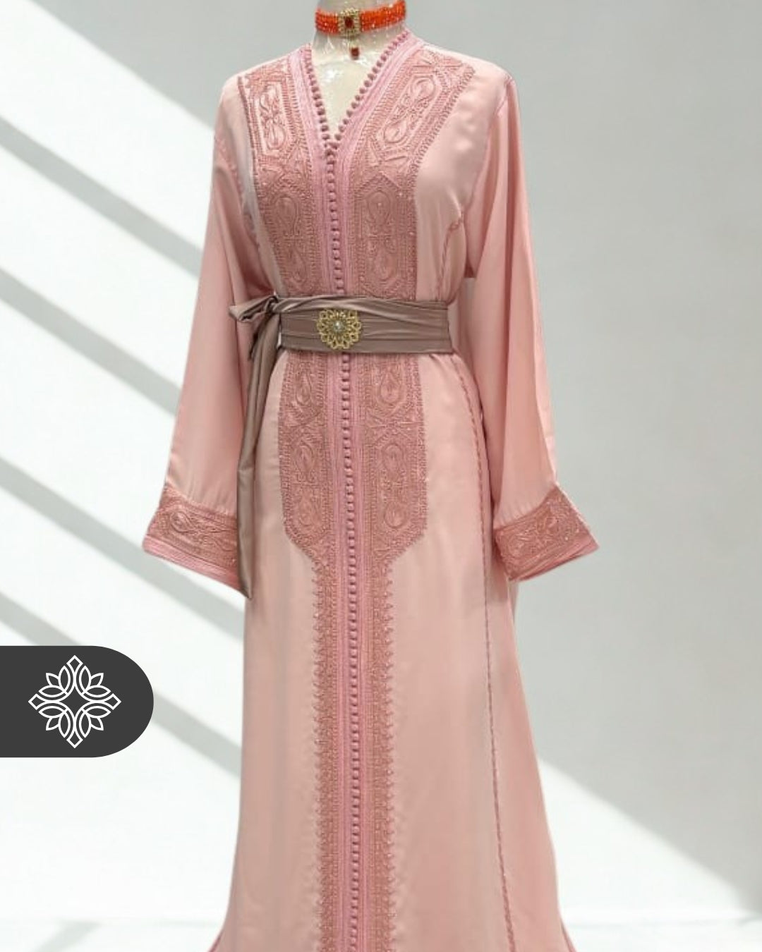 Pink Moroccan Kaftan | Luxury One-Piece Kaftan | Matching Tonal Embroidery