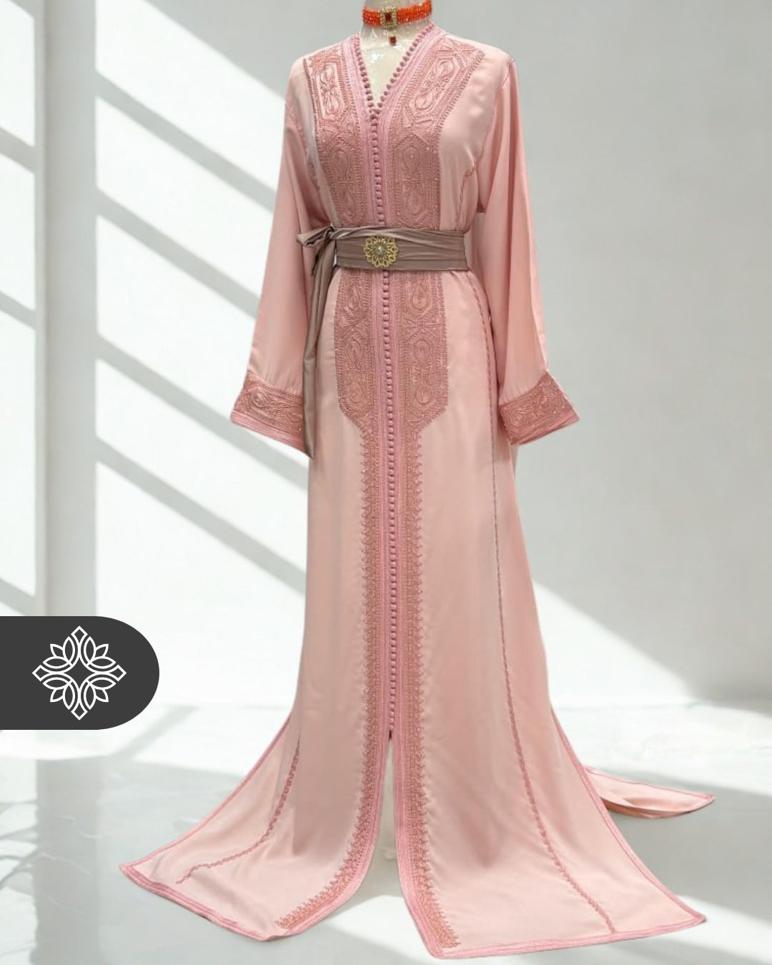 Pink Moroccan Kaftan | Luxury One-Piece Kaftan | Matching Tonal Embroidery