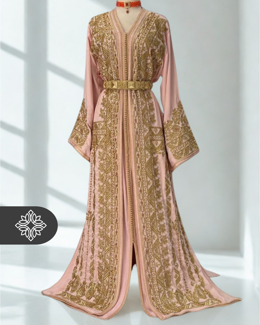 Blush Pink Moroccan Takchita | Couture Two-Piece Kaftan | Golden Heritage Embroidery & Stone Detailing