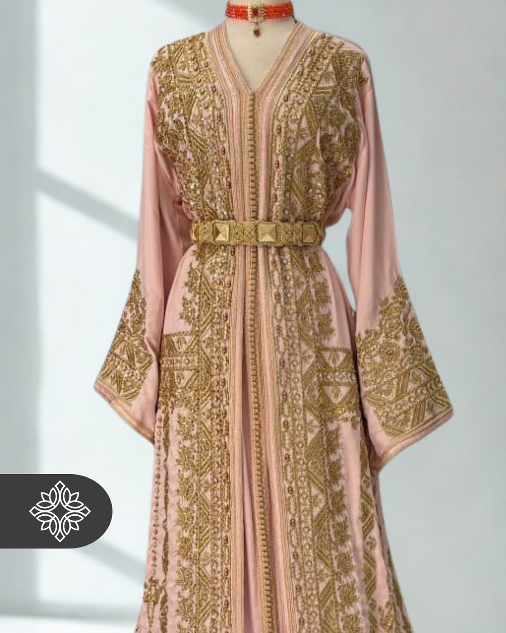 Blush Pink Moroccan Takchita | Couture Two-Piece Kaftan | Golden Heritage Embroidery & Stone Detailing
