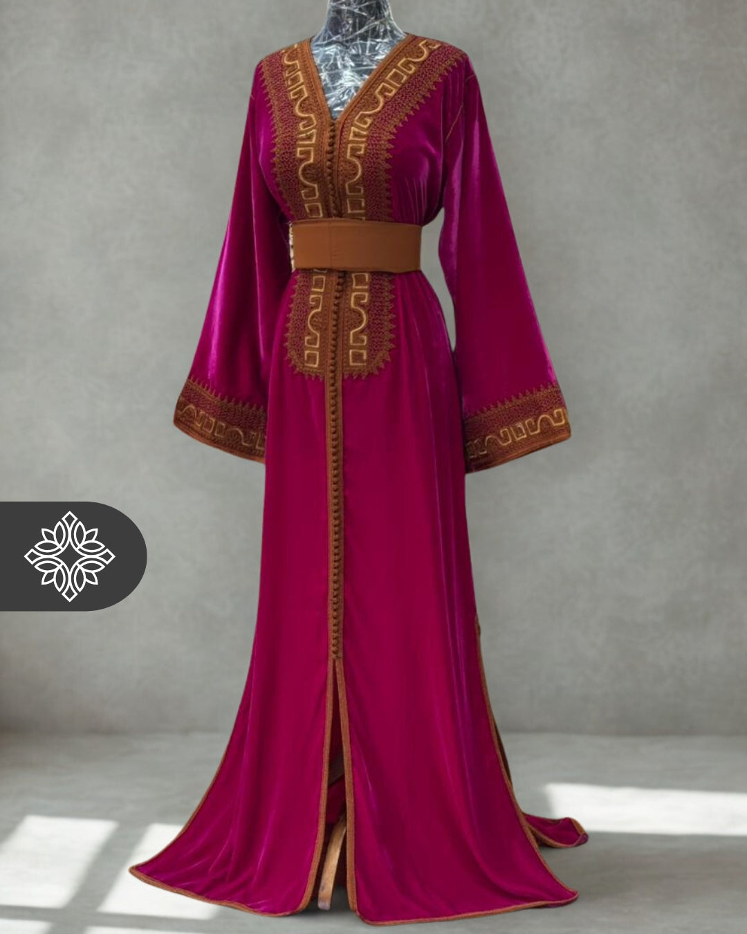 Emerald Green Velvet Moroccan Kaftan | Brown Tonal Embroidery | One-Piece Caftan