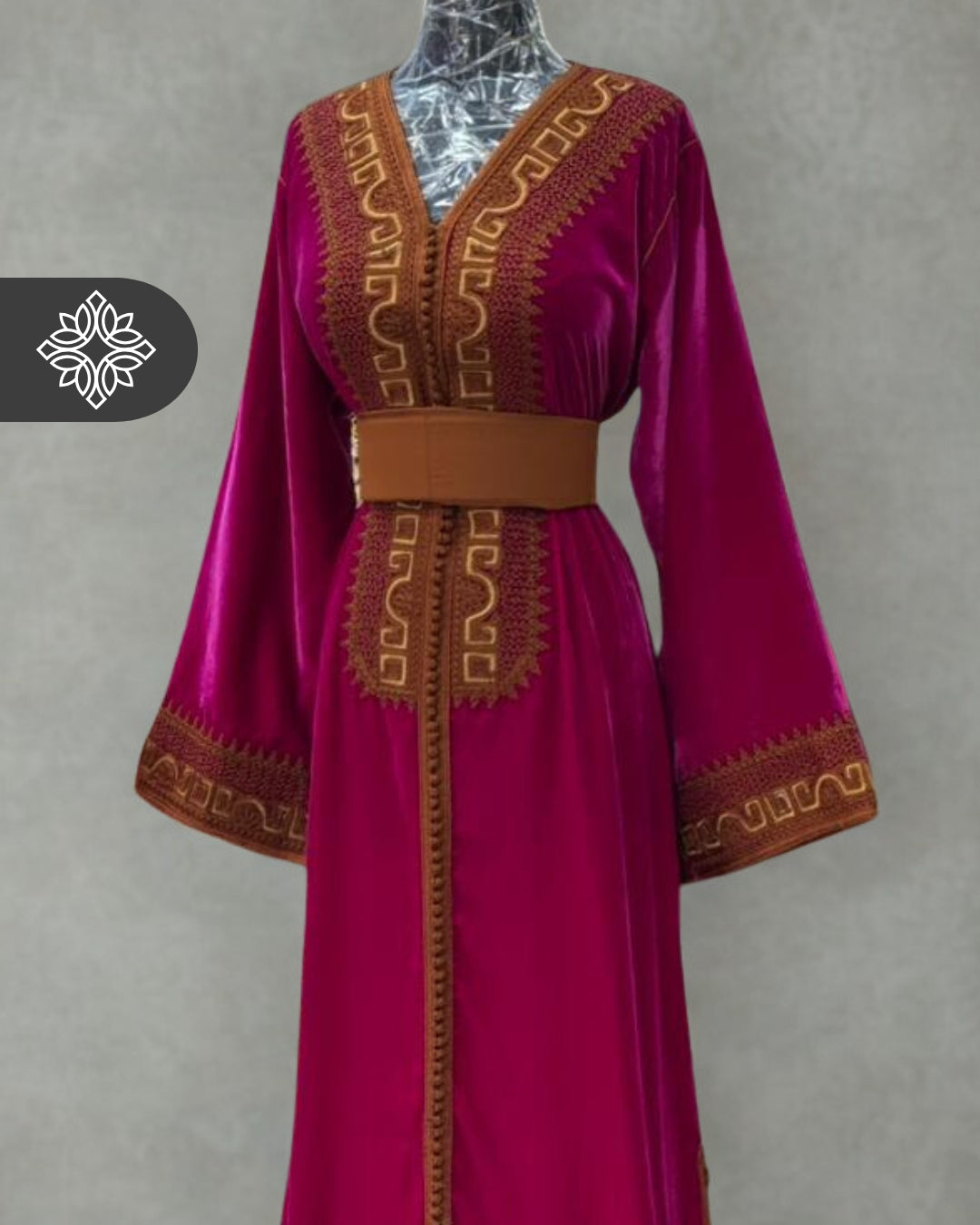 Pink Velvet Moroccan Kaftan | Brown Tonal Embroidery | One-Piece Caftan Dress