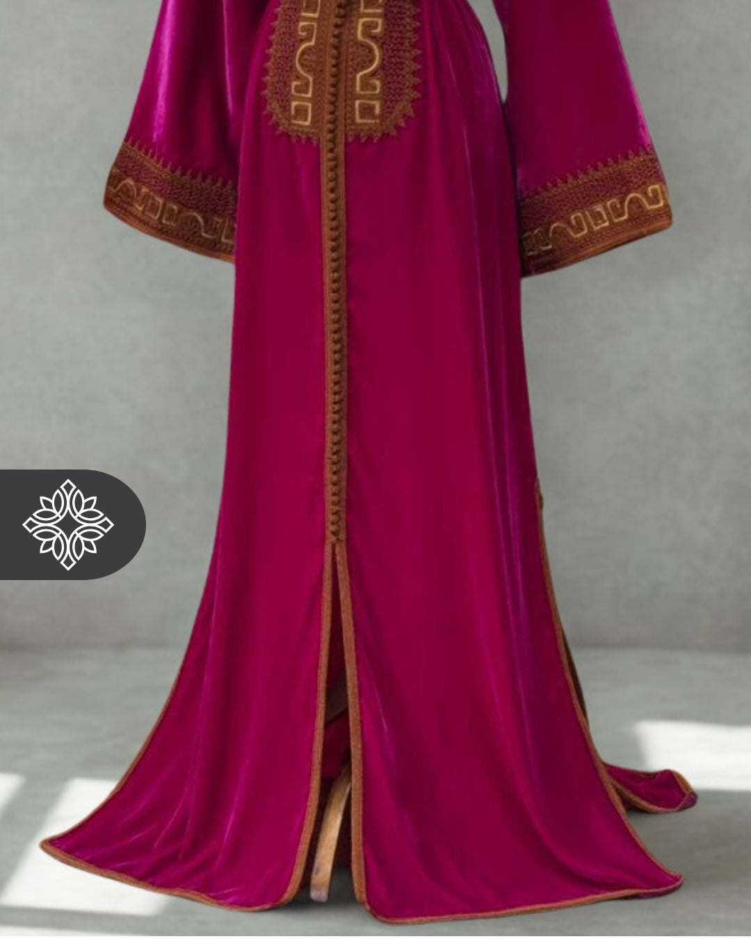 Pink Velvet Moroccan Kaftan | Brown Tonal Embroidery | One-Piece Caftan Dress