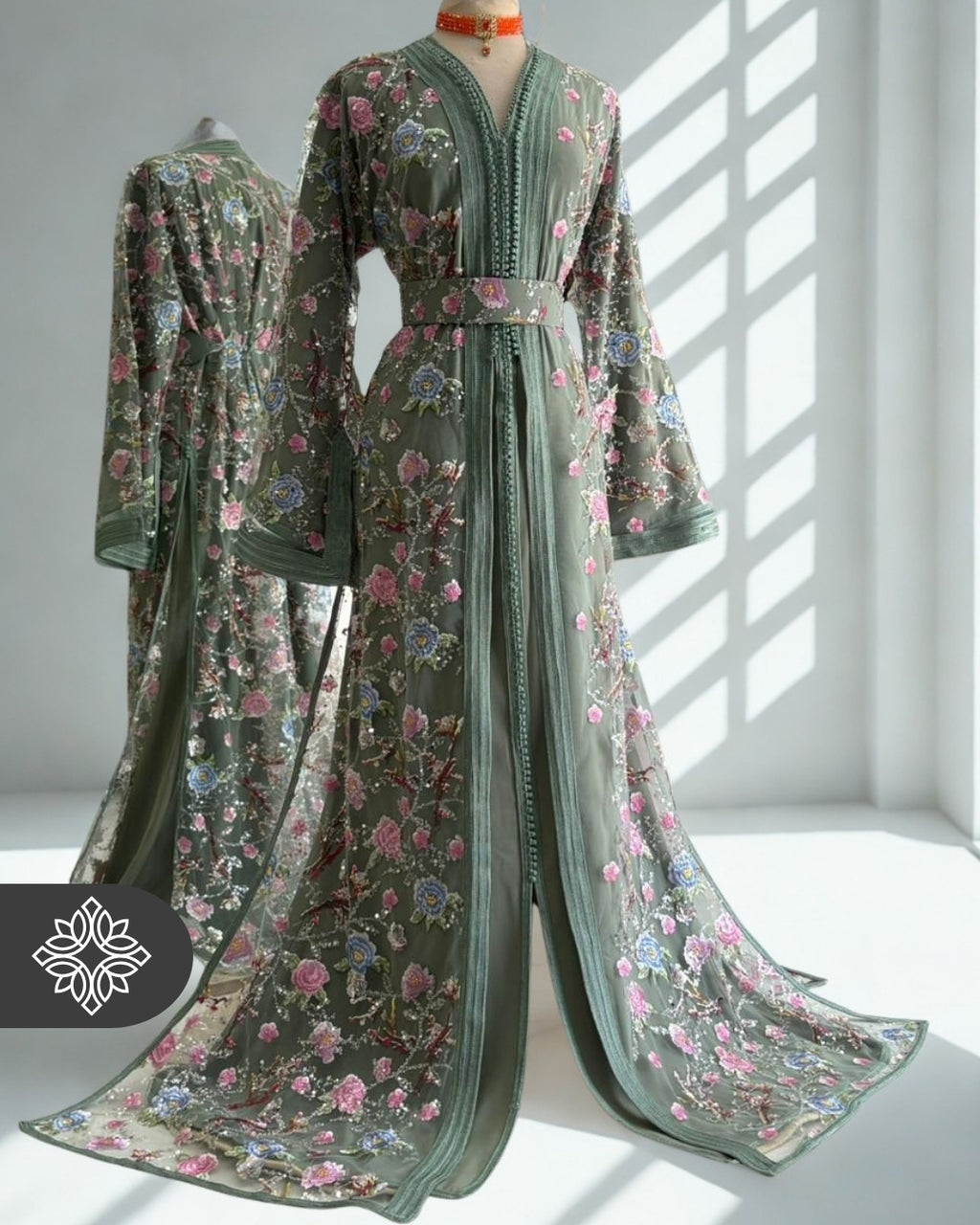 Pistachio Green Floral Moroccan Takchita | Light Sheer Embroidery | Luxury Spring Couture Kaftan