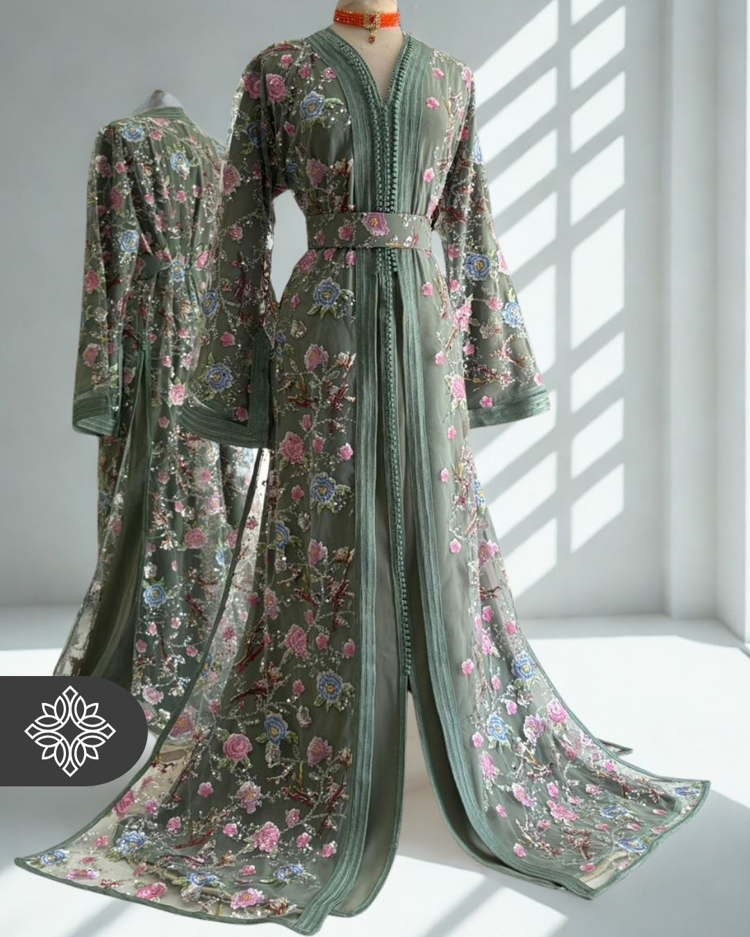 Nude Beige Floral Moroccan Takchita | Embroidery Couture | Luxury Two-Piece Kaftan