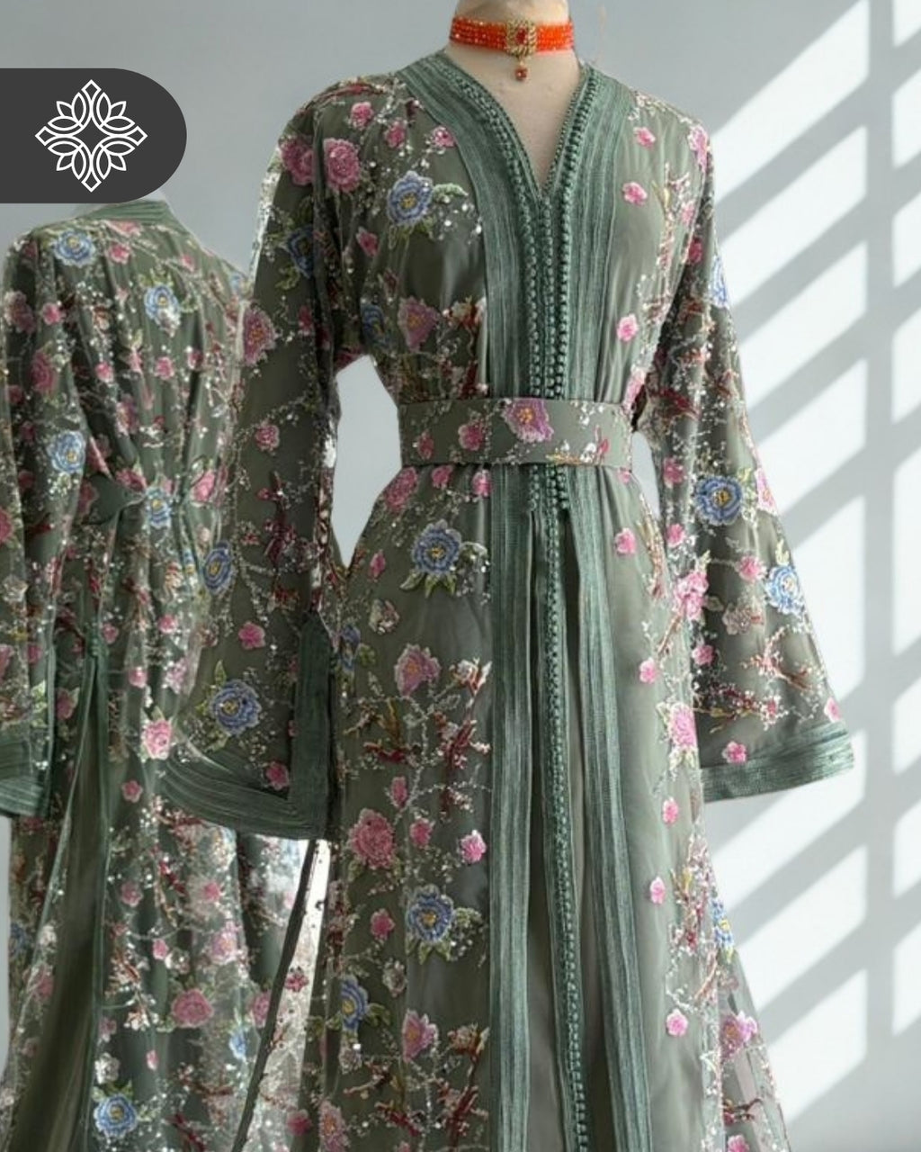Black Floral Moroccan Takchita | Luxury Two-Piece Kaftan