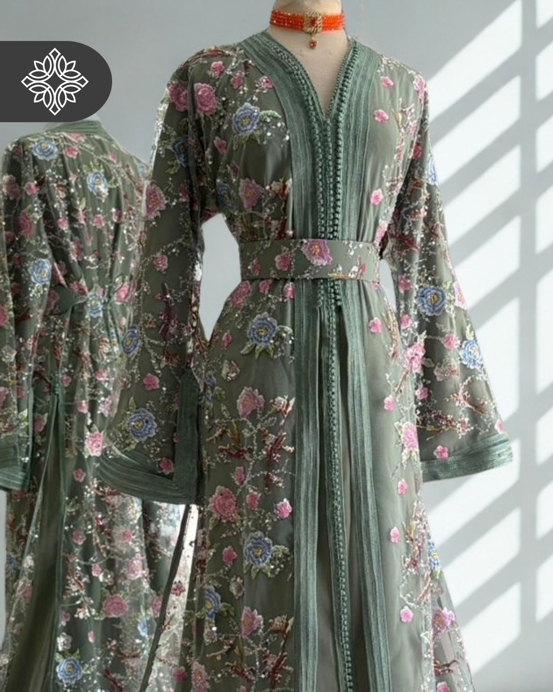Black Floral Moroccan Takchita | Luxury Two-Piece Kaftan