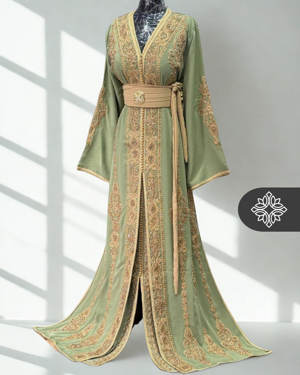 Pistachio Green Moroccan Two-Piece Kaftan | Tonal Embroidery | Elegant Takchita