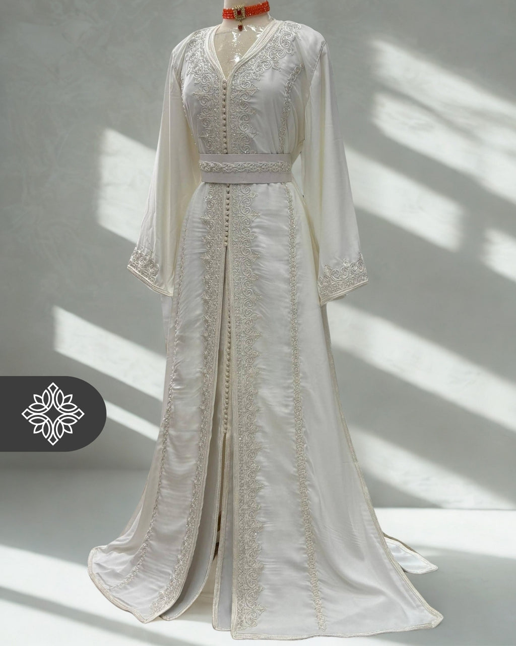 Pure White Bridal Moroccan Takchita | Luxury Two-Piece Wedding Kaftan | Tonal Embroidery