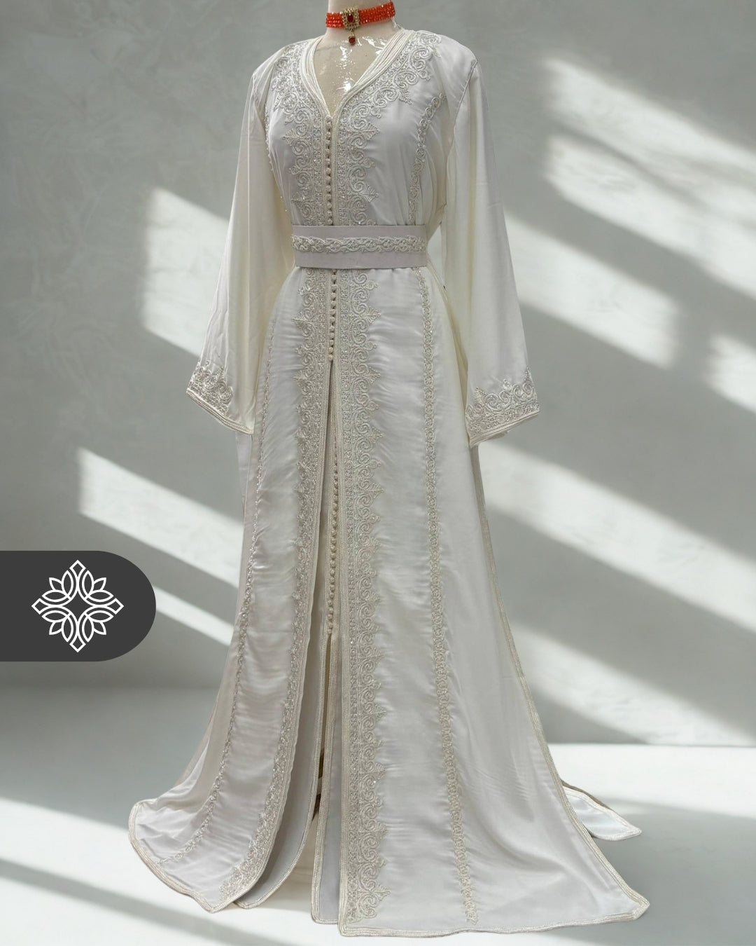 Pure White Bridal Moroccan Takchita | Luxury Two-Piece Wedding Kaftan | Tonal Embroidery