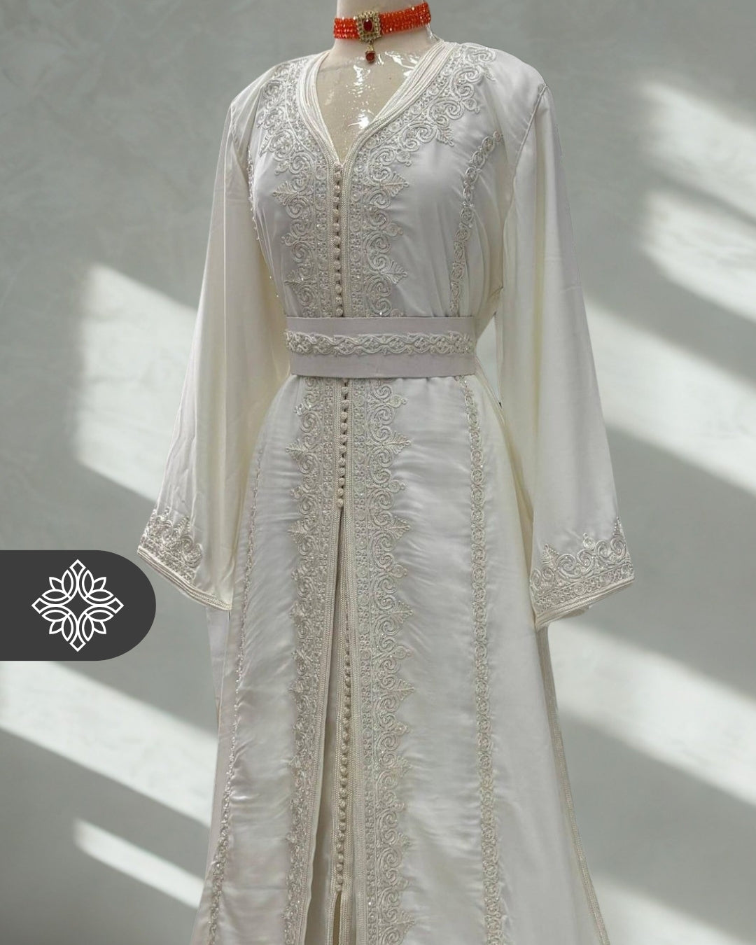 Pure White Bridal Moroccan Takchita | Luxury Two-Piece Wedding Kaftan | Tonal Embroidery