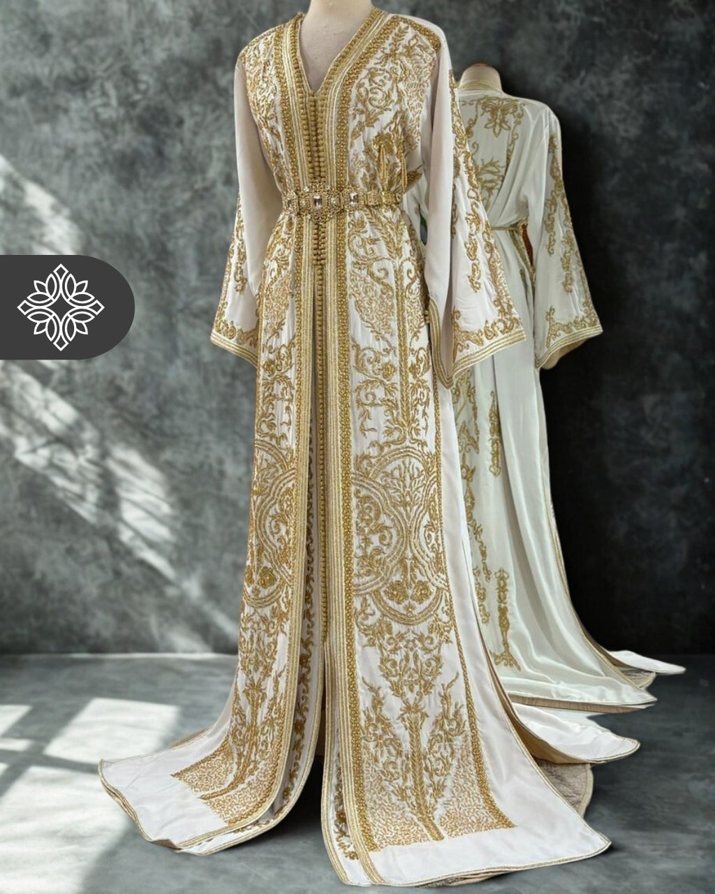 Pure White Bridal Two-Piece Kaftan | Traditional Tonal Embroidery | Moroccan Takchita