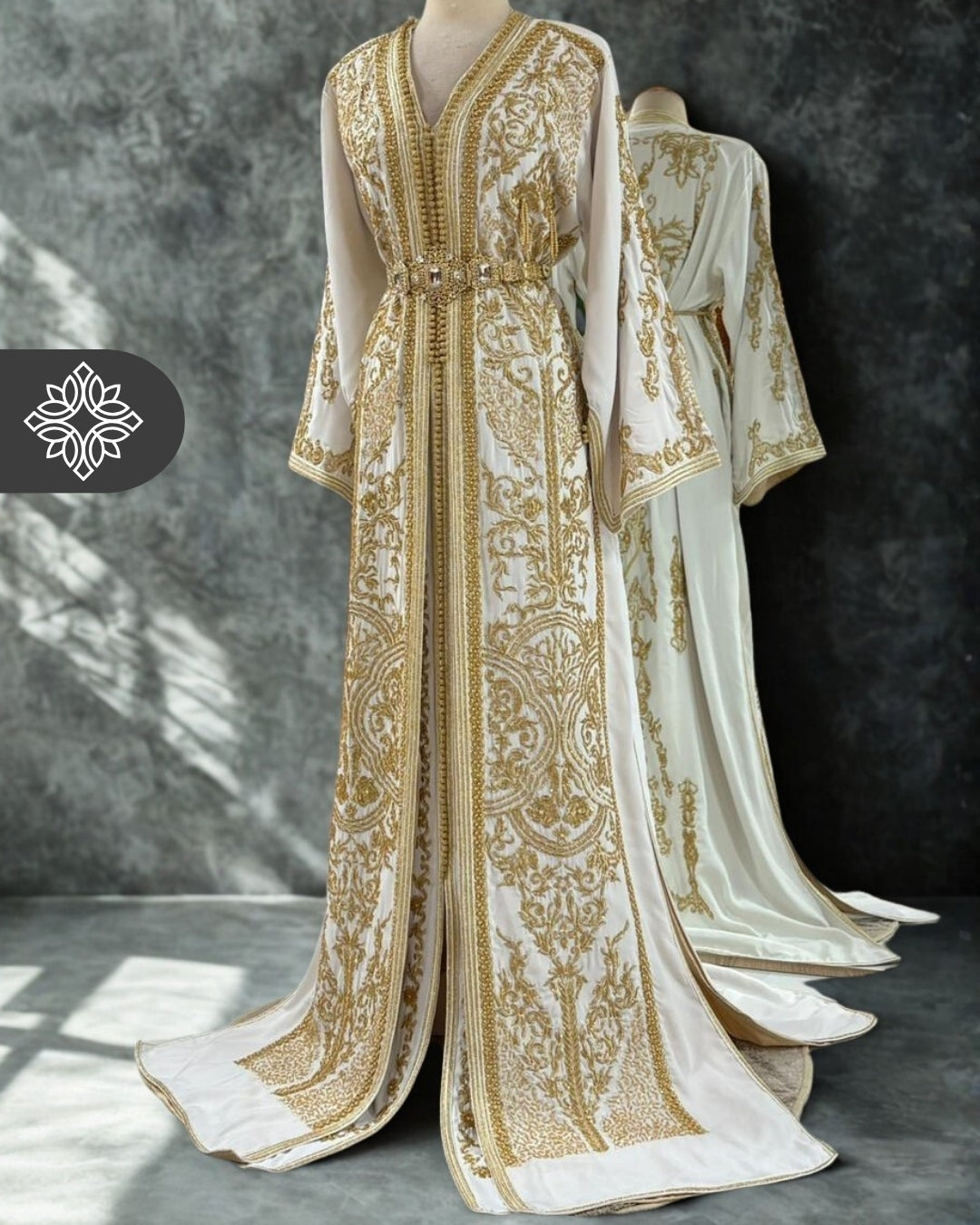 Pure White Bridal Two-Piece Kaftan | Traditional Tonal Embroidery | Moroccan Takchita