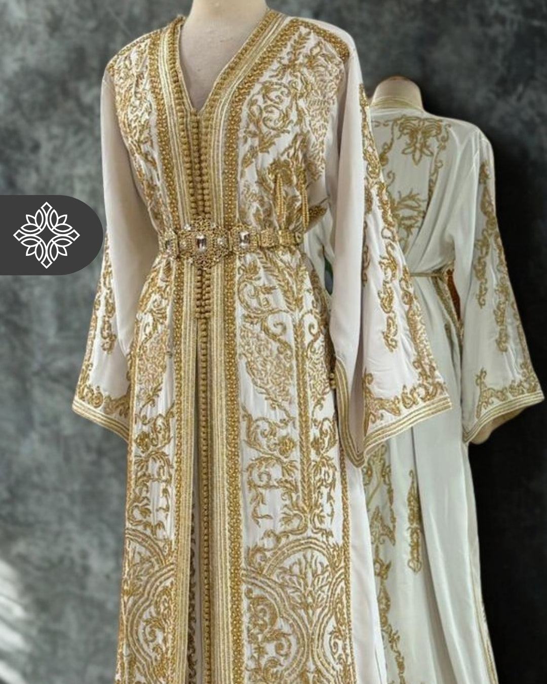 Pure White Bridal Two-Piece Kaftan | Traditional Tonal Embroidery | Moroccan Takchita