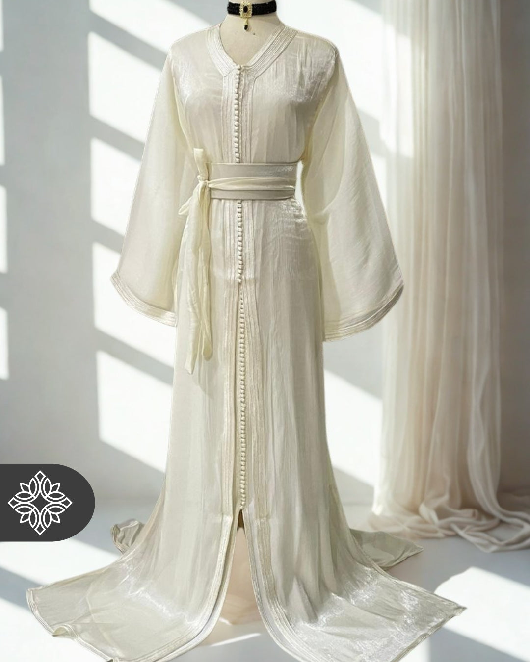 Pure White Moroccan Kaftan with Delicate Pearl Buttons