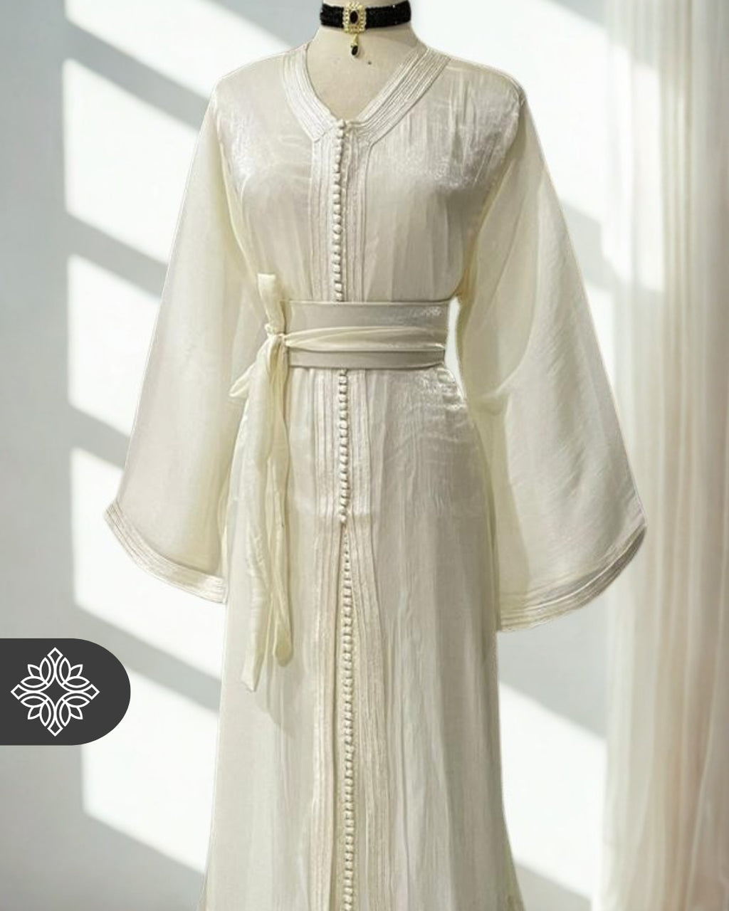 Pure White Moroccan Kaftan with Delicate Pearl Buttons
