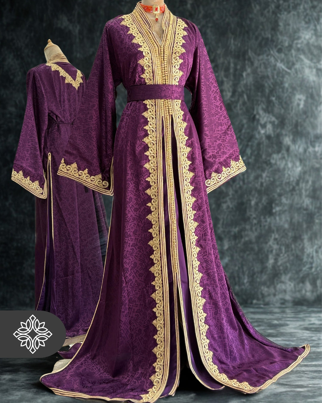 Purple Moroccan Takchita | Luxury Two-Piece Kaftan | Golden Hand Embroidery