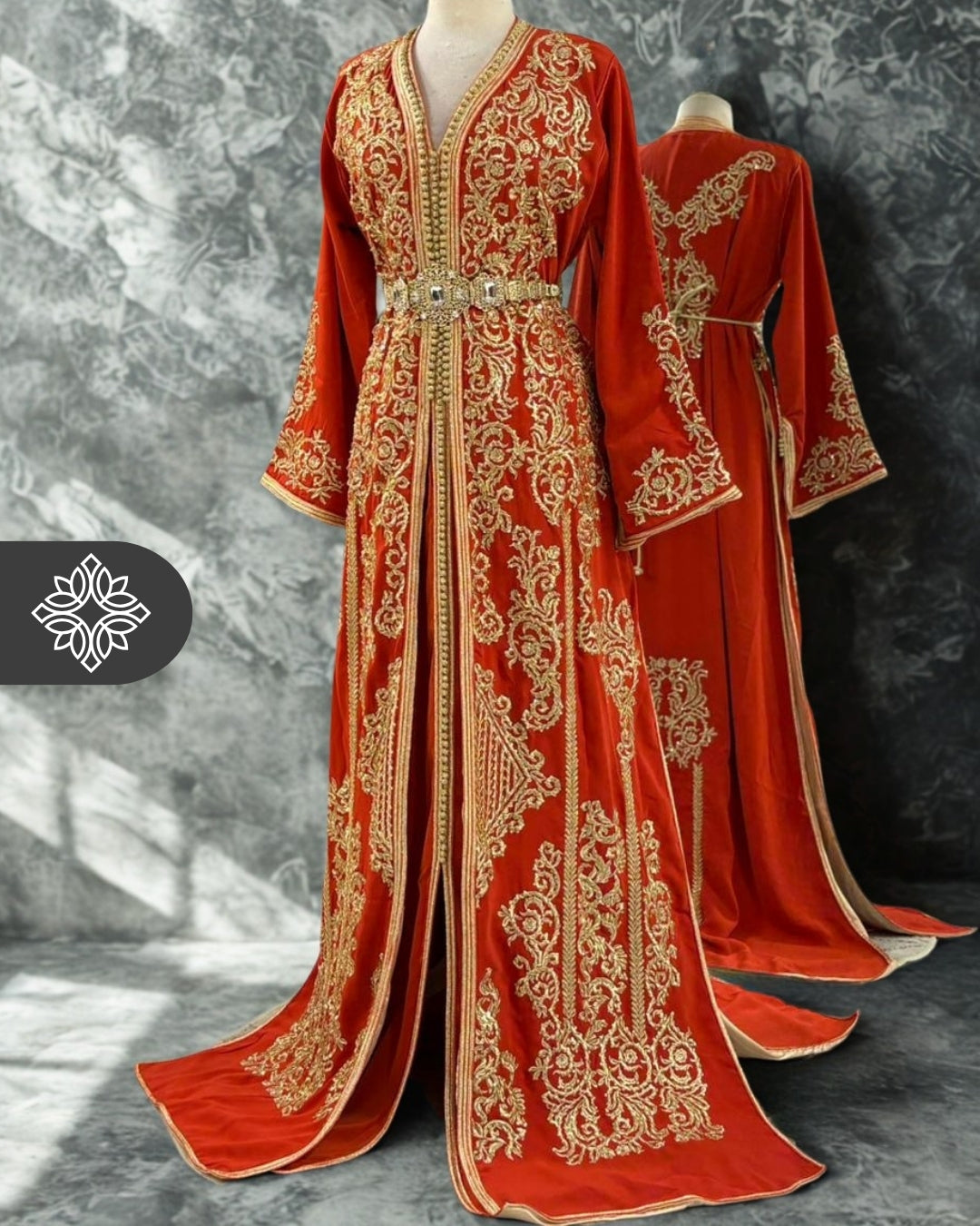 Takchita orange éclatant | Broderie dorée ton sur ton luxueuse | Caftan marocain deux pièces
