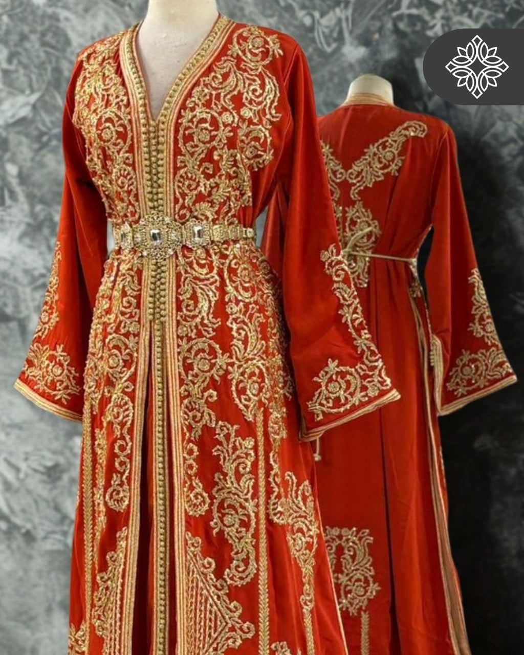 Takchita orange éclatant | Broderie dorée ton sur ton luxueuse | Caftan marocain deux pièces