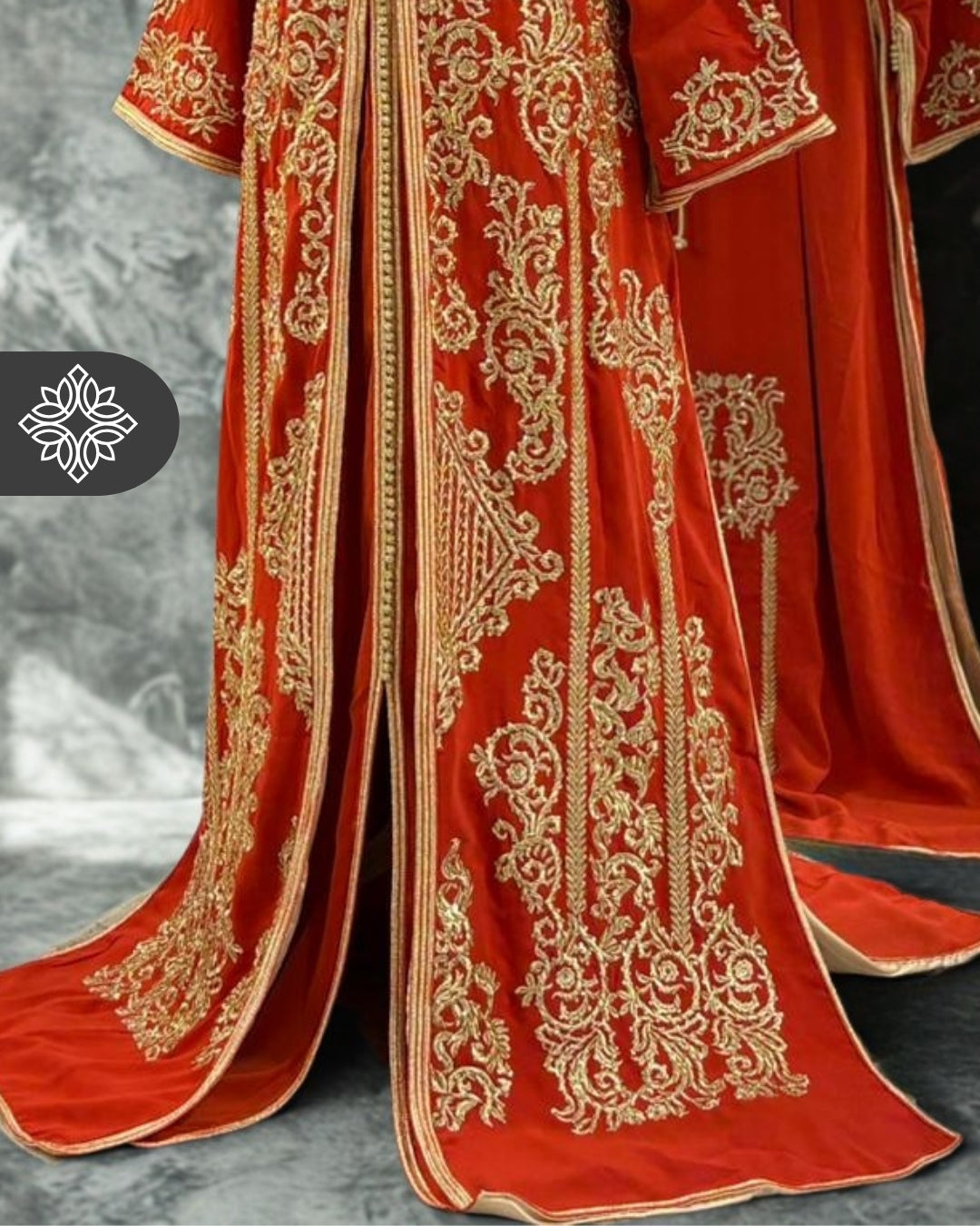 Takchita orange éclatant | Broderie dorée ton sur ton luxueuse | Caftan marocain deux pièces