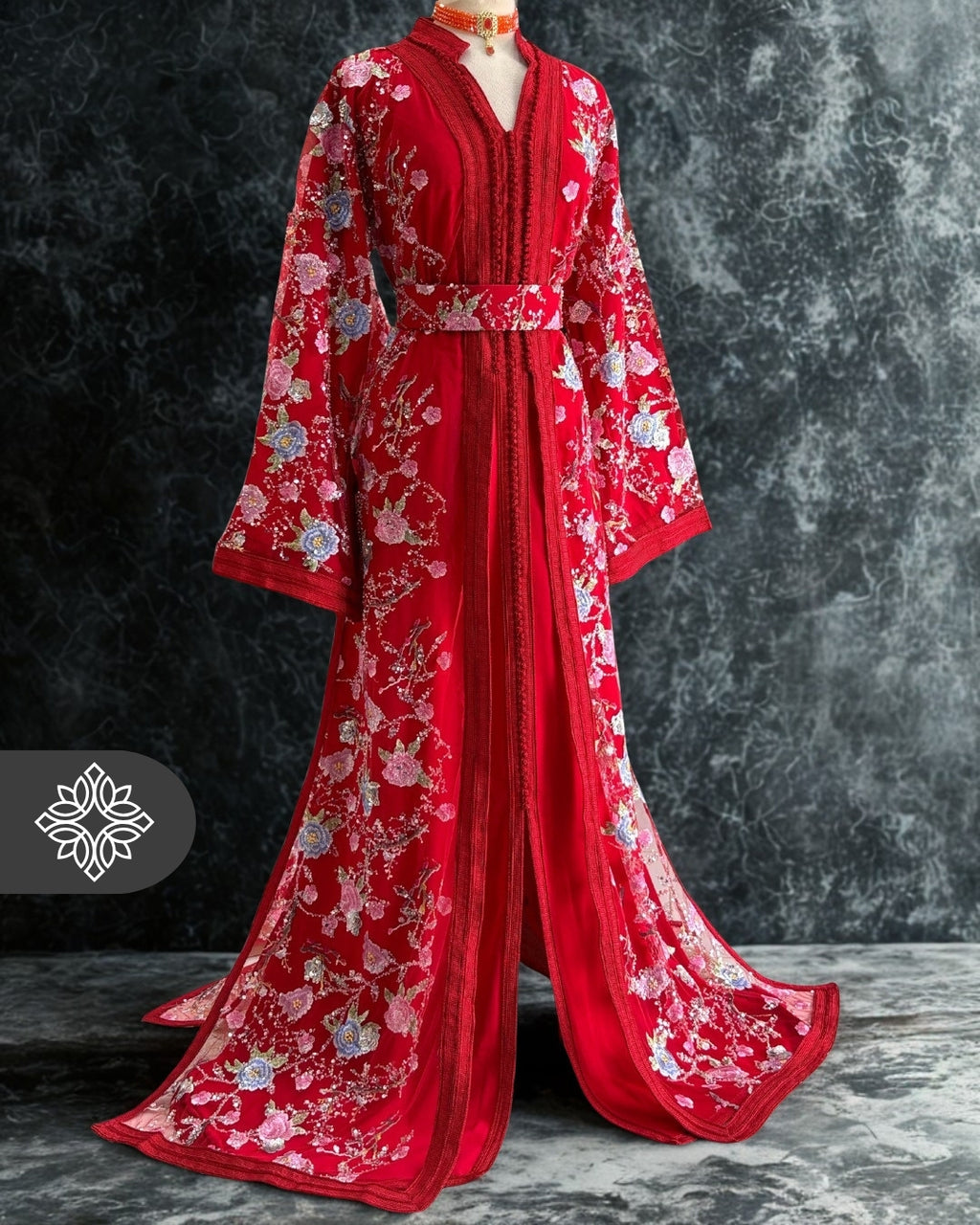 Red Floral Moroccan Takchita | Sheer Embroidered Statement Piece | Luxury Two-Piece Kaftan