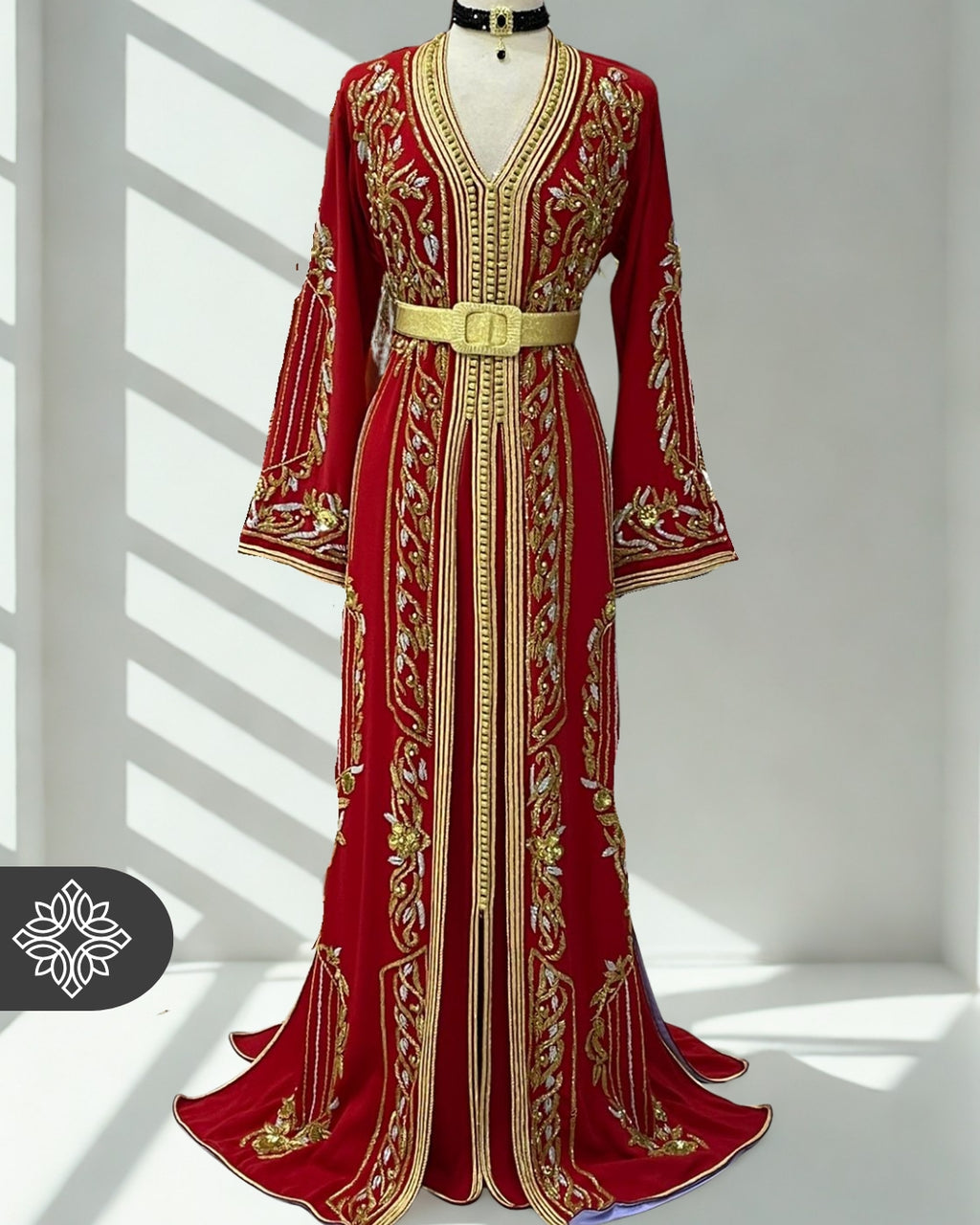 Red Moroccan Kaftan with Gold Embroidery |Two-Piece Luxe Couture