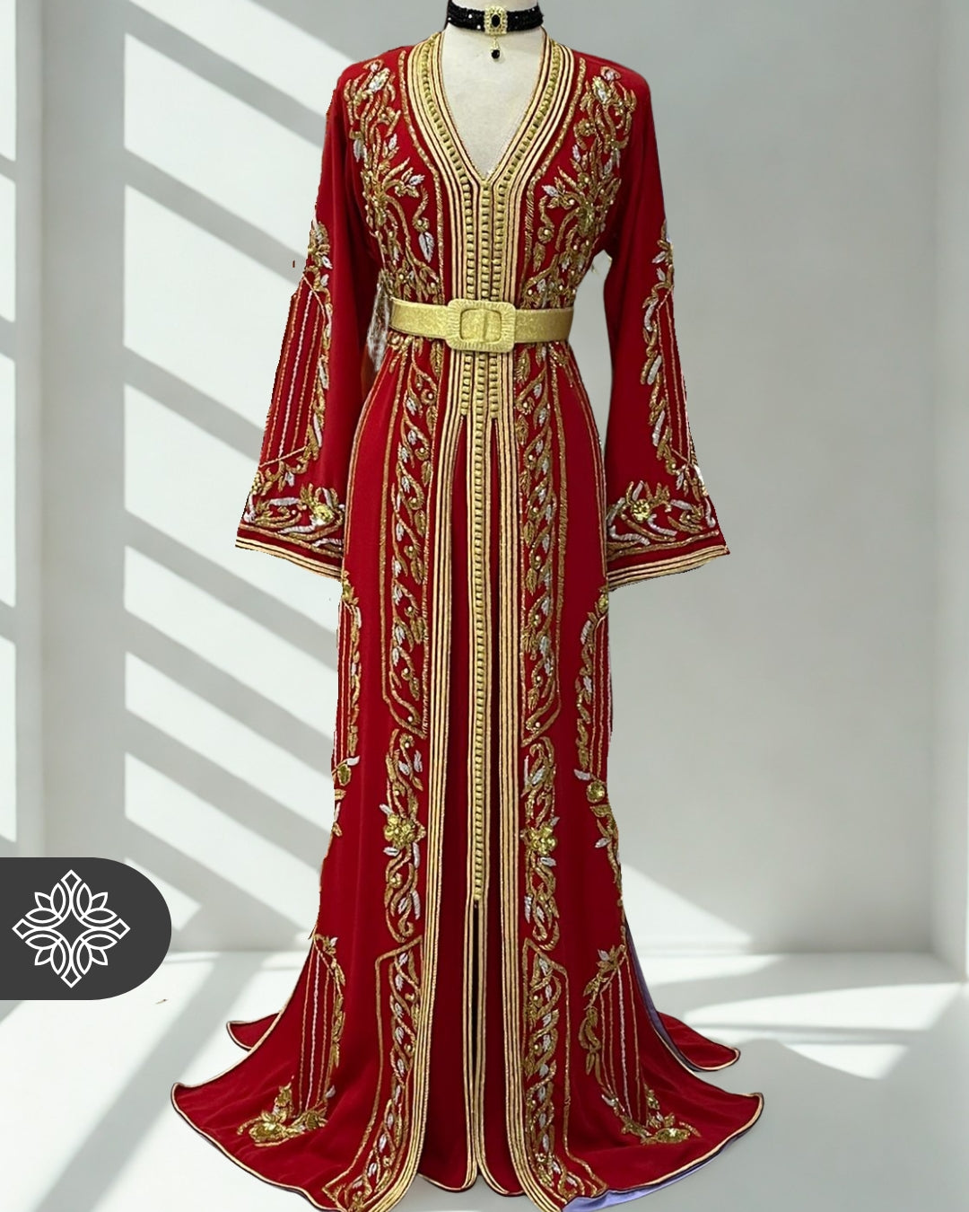 Red Moroccan Kaftan with Gold Embroidery |Two-Piece Luxe Couture