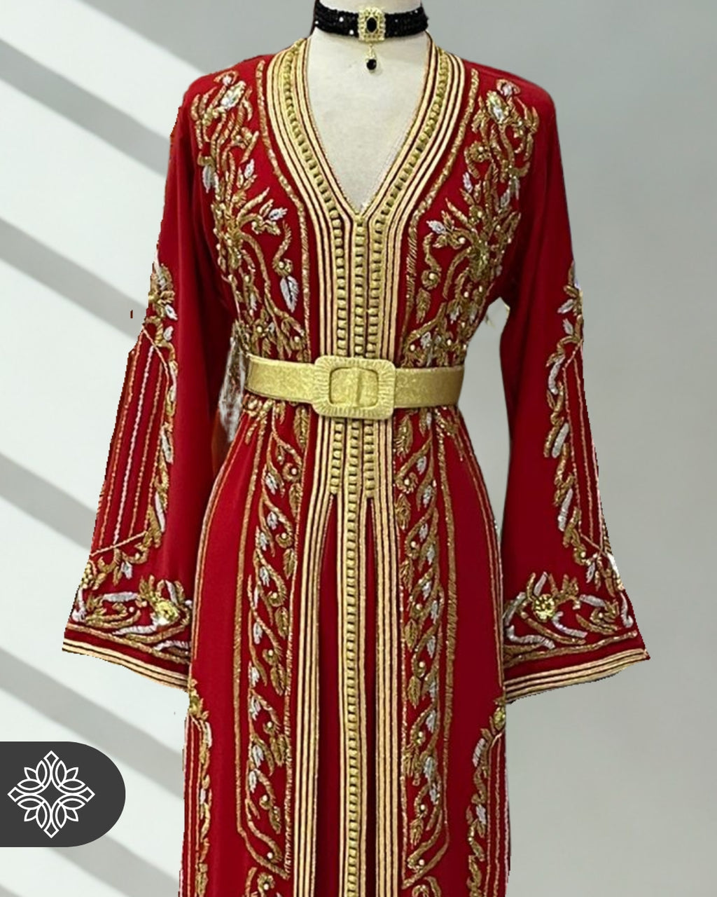 Red Moroccan Kaftan with Gold Embroidery |Two-Piece Luxe Couture