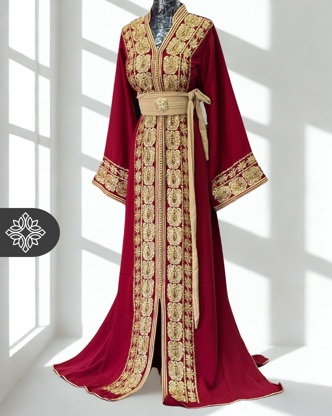 Red Moroccan One-Piece Kaftan | Tonal Golden Embroidery | Luxury Evening Caftan