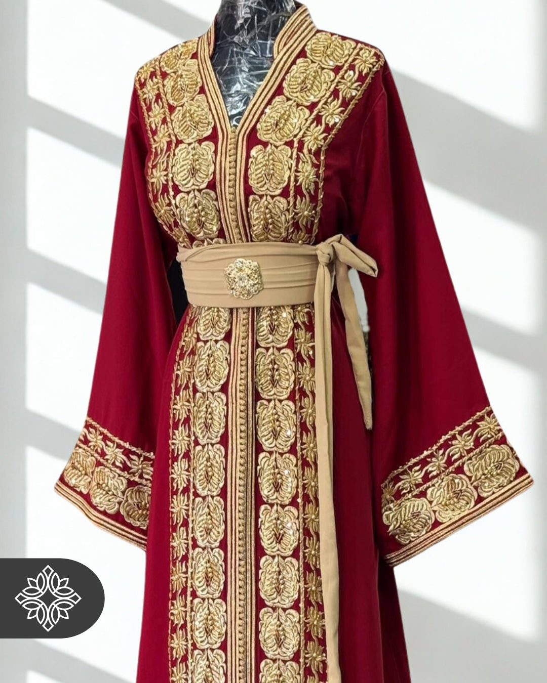 Red Moroccan One-Piece Kaftan | Tonal Golden Embroidery | Luxury Evening Caftan