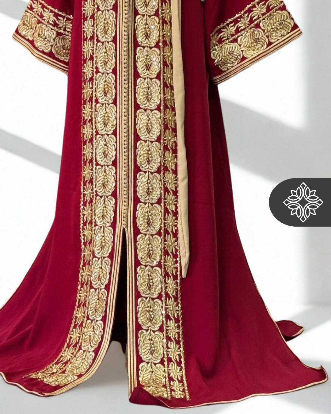 Red Moroccan One-Piece Kaftan | Tonal Golden Embroidery | Luxury Evening Caftan