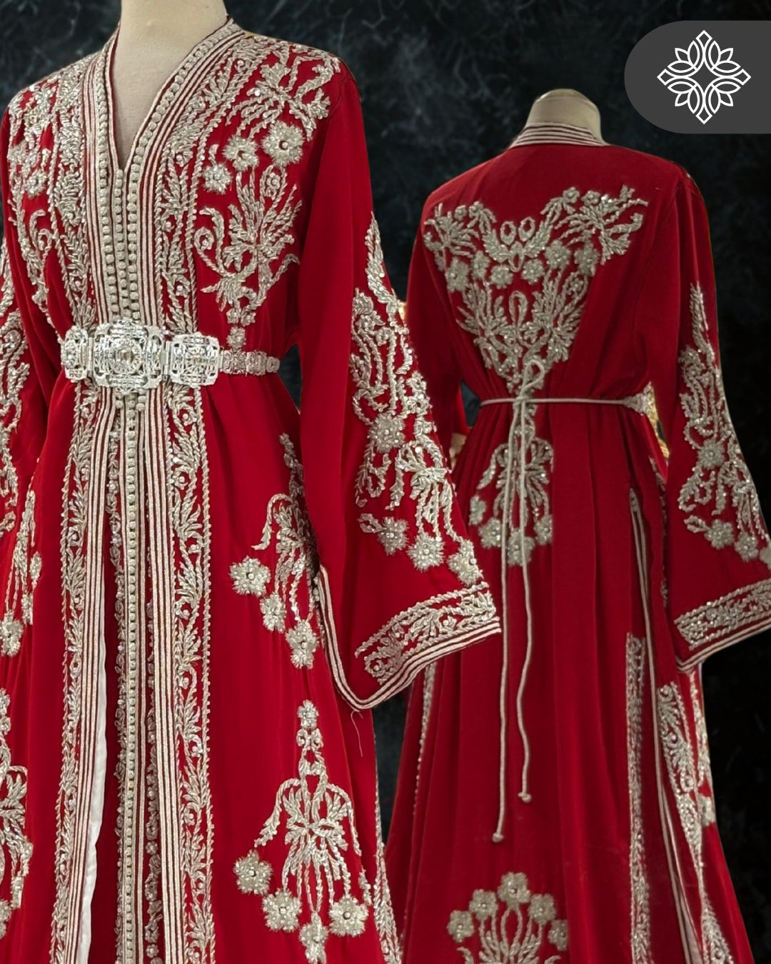 Red Royal Moroccan Takchita | Silver Tonal Embroidery | Two-Piece Kaftan