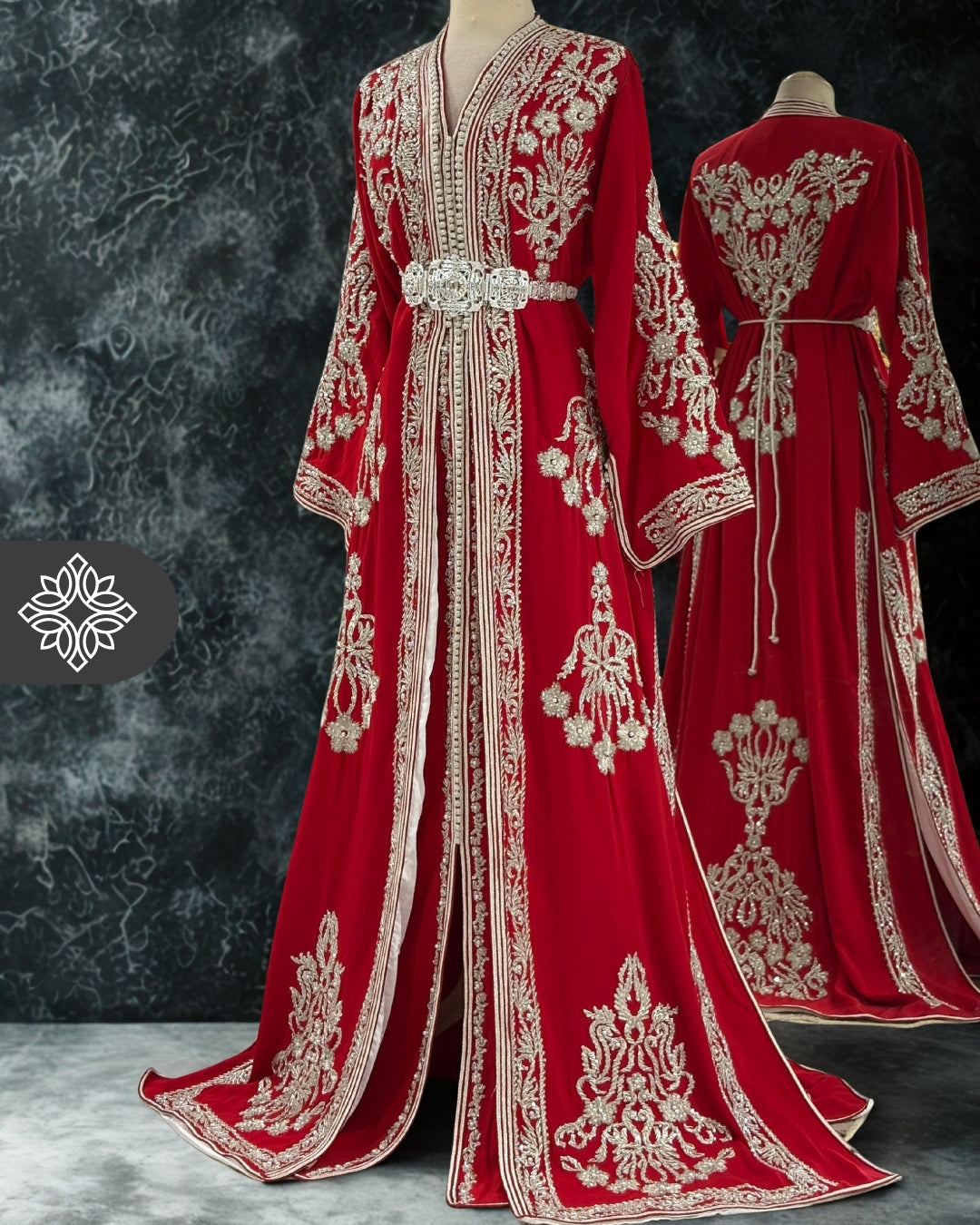 Red Royal Moroccan Takchita | Silver Tonal Embroidery | Two-Piece Kaftan