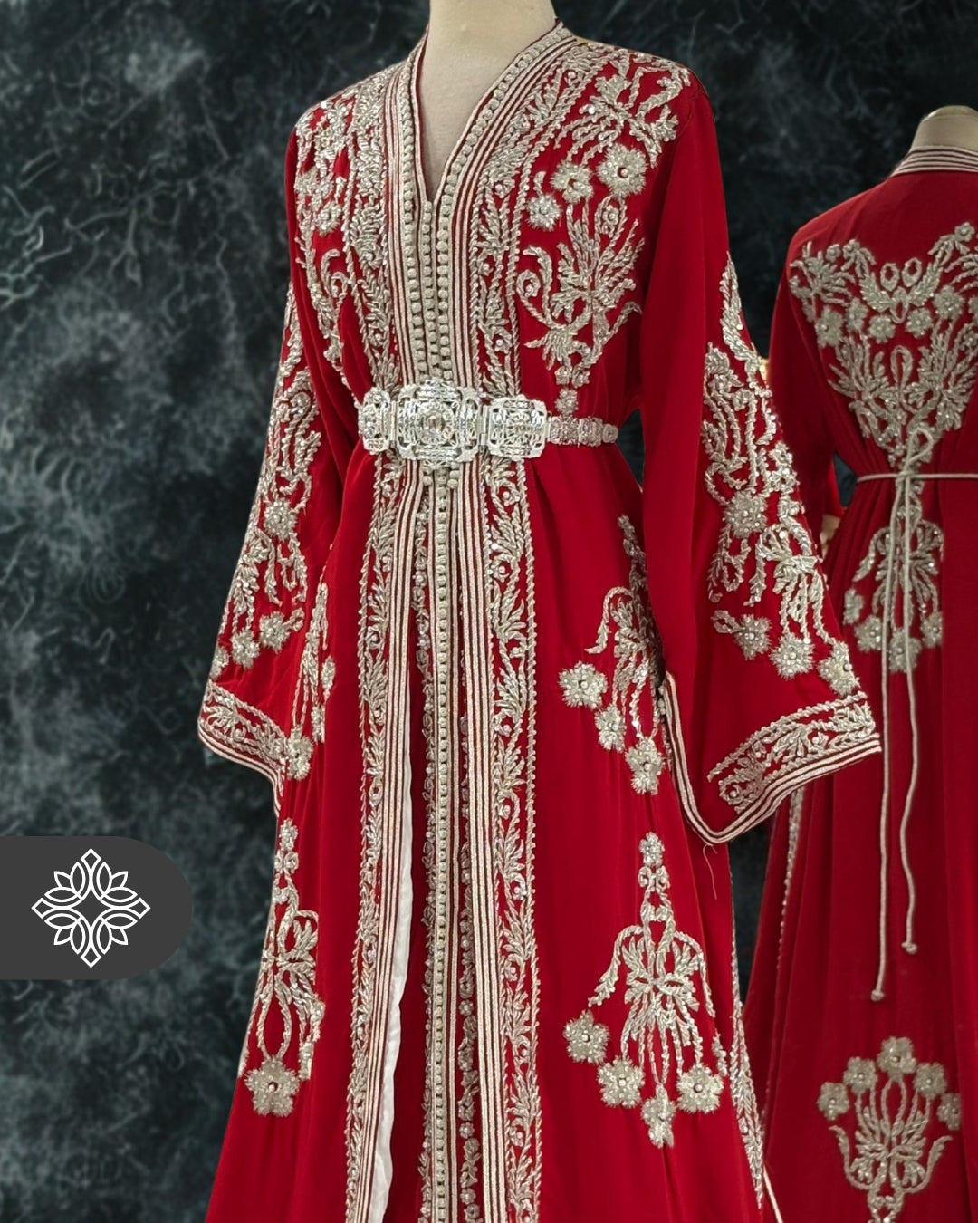 Red Royal Moroccan Takchita | Silver Tonal Embroidery | Two-Piece Kaftan