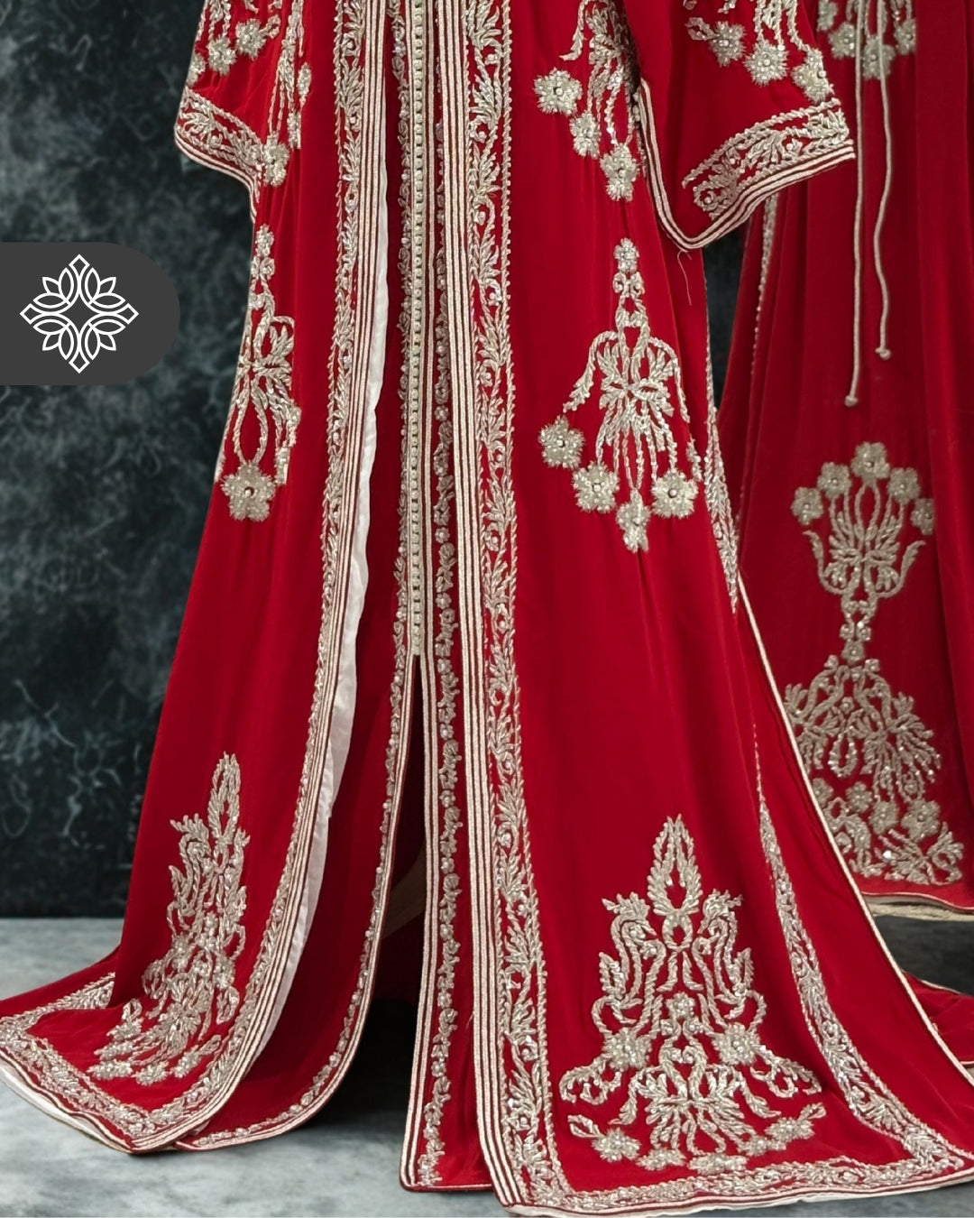 Red Royal Moroccan Takchita | Silver Tonal Embroidery | Two-Piece Kaftan