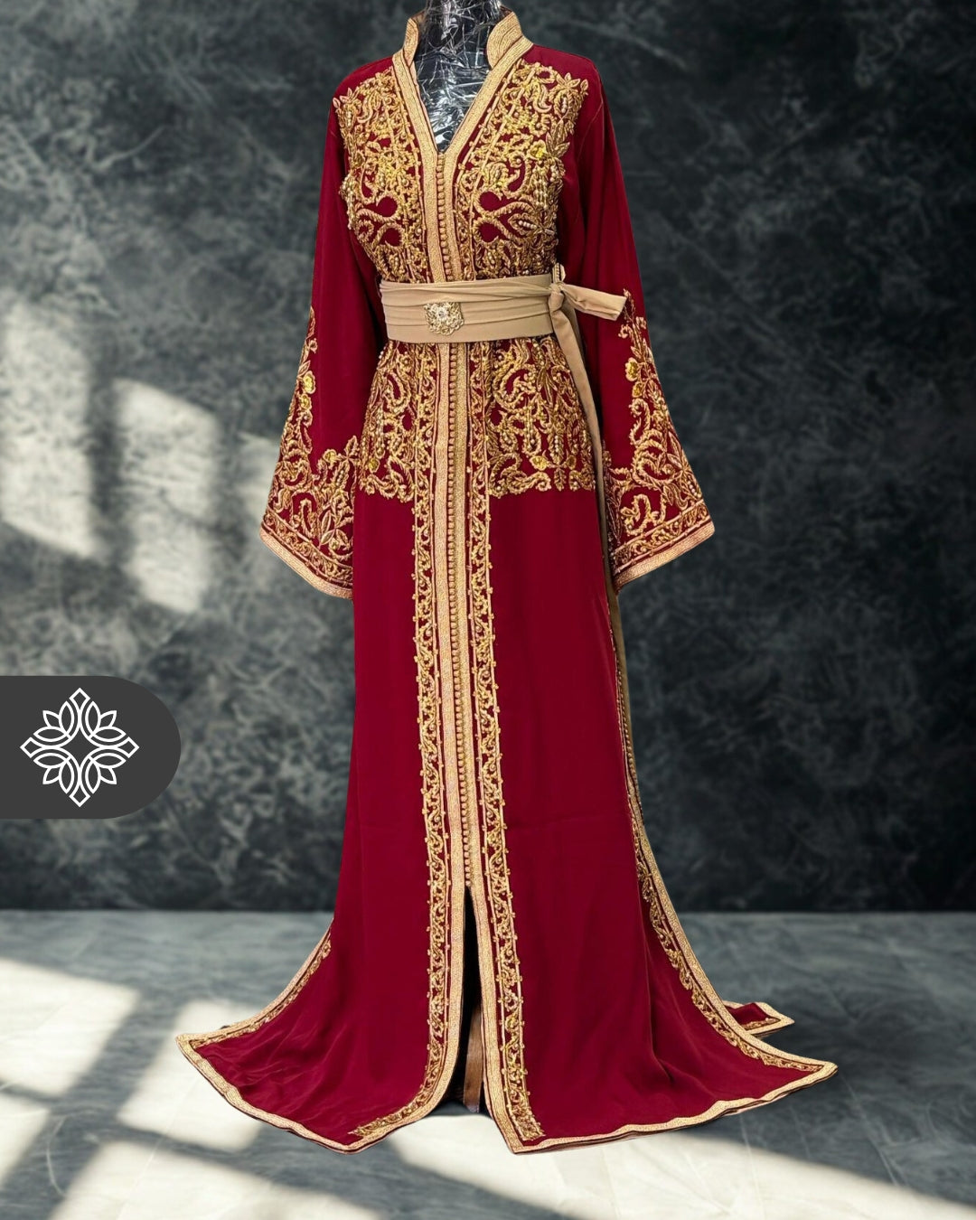 Black Moroccan One-Piece Kaftan | Tonal Gold Embroidery | Royal Moroccan Caftan