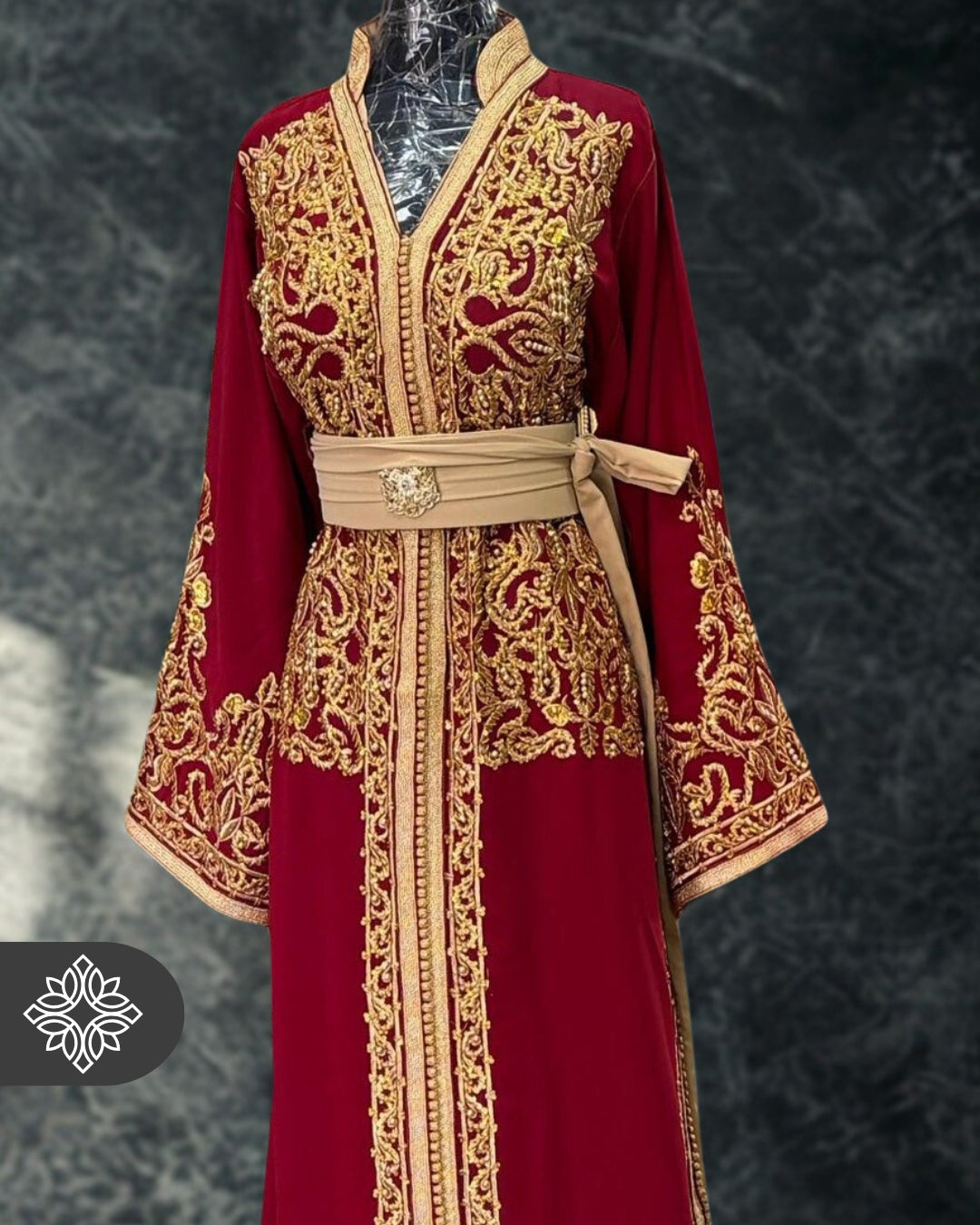 Red Moroccan One-Piece Kaftan | Tonal Gold Embroidery | Luxury Evening Caftan