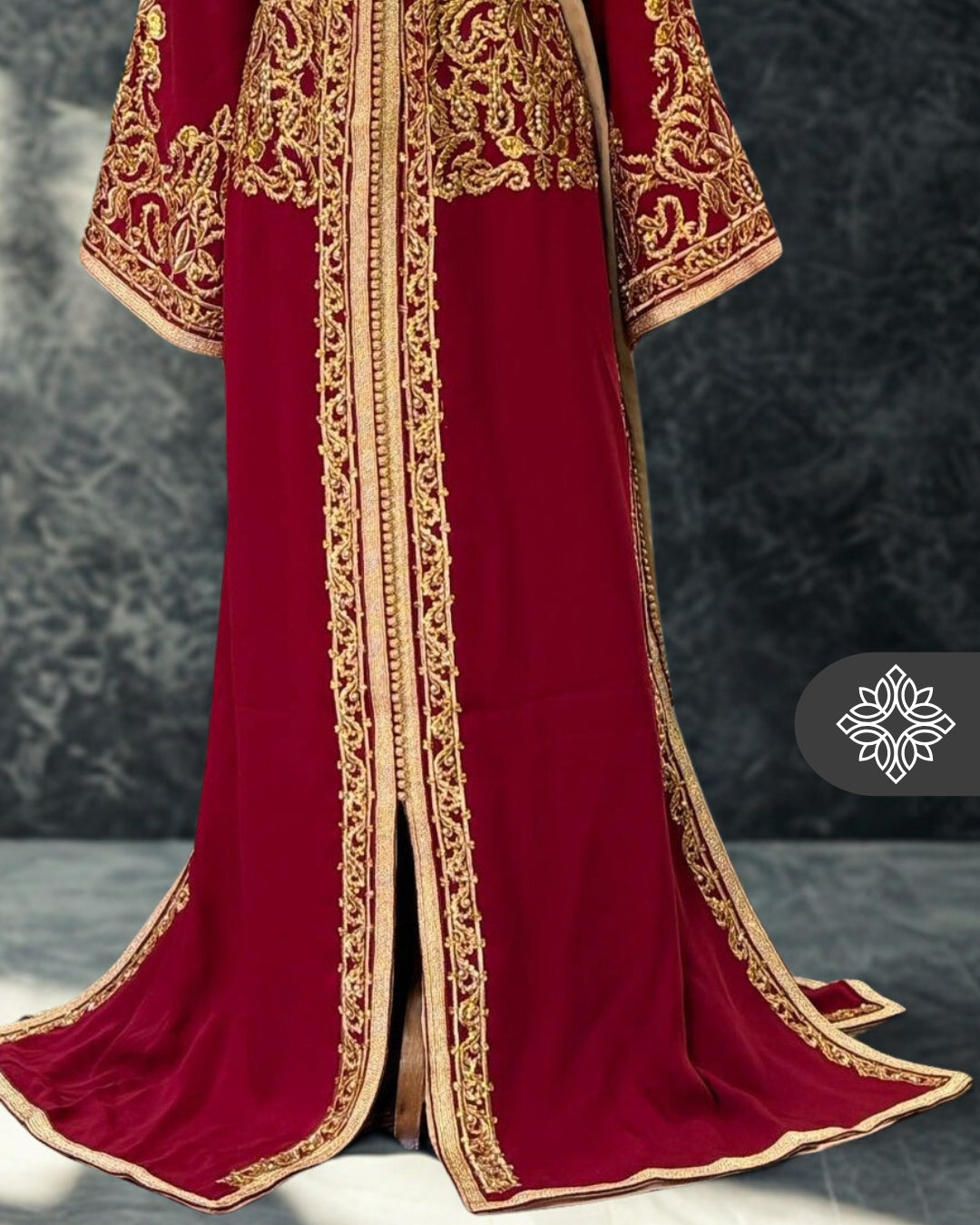 Red Moroccan One-Piece Kaftan | Tonal Gold Embroidery | Luxury Evening Caftan