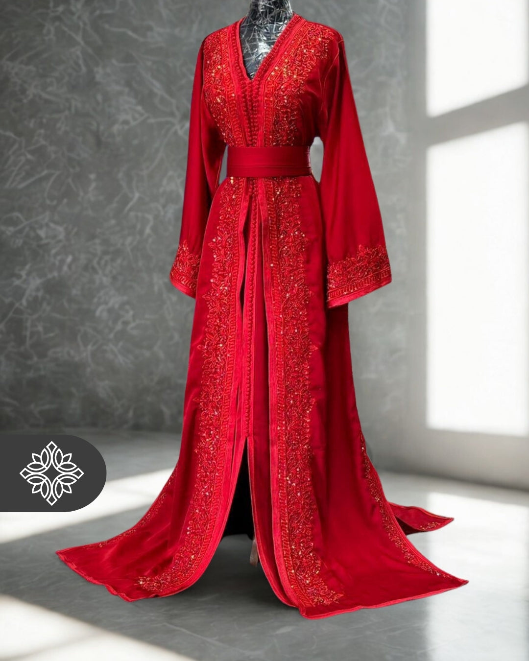 Red Moroccan Takchita | Tonal Embroidery & Elegant Kaftan | Luxury Two-Piece Caftan