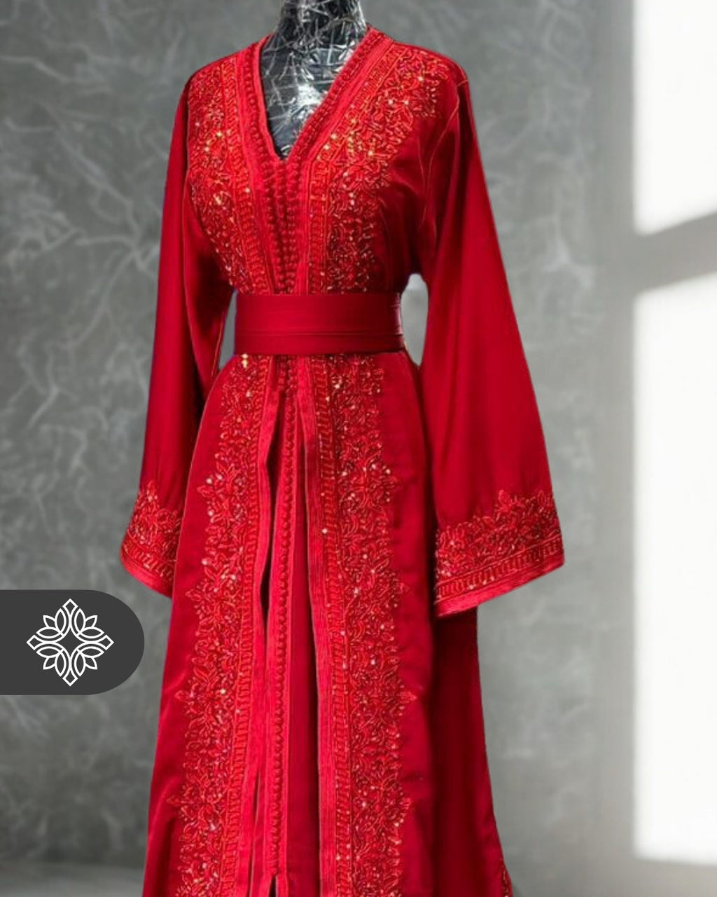 Red Moroccan Takchita | Tonal Embroidery & Elegant Kaftan | Luxury Two-Piece Caftan