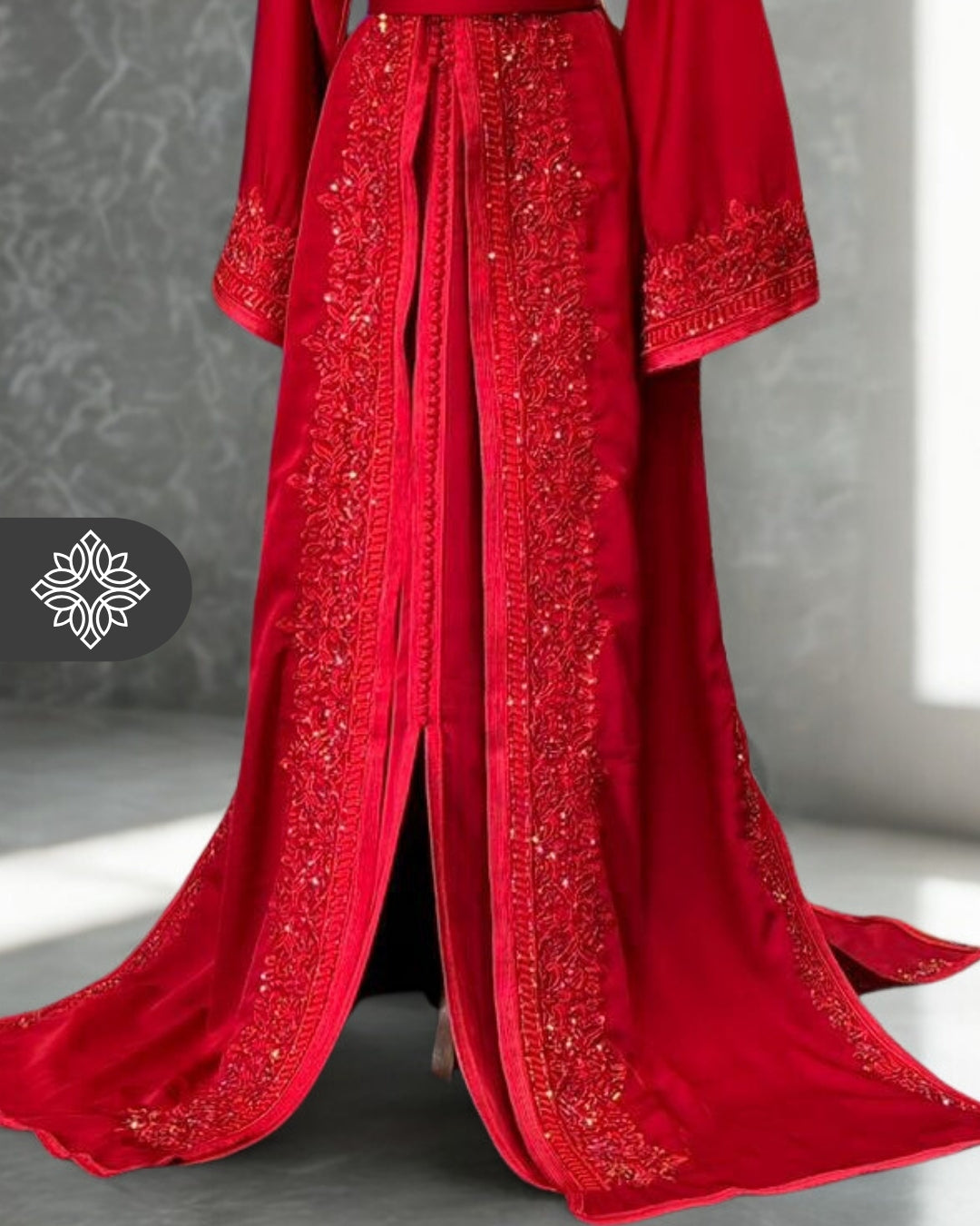 Red Moroccan Takchita | Tonal Embroidery & Elegant Kaftan | Luxury Two-Piece Caftan