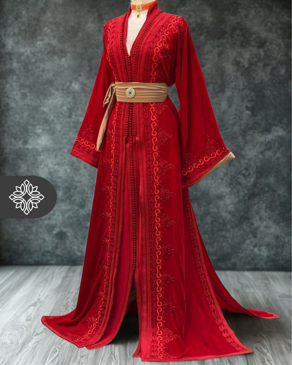 red moroccan wedding dress Custom-made Red Satin Kaftan evening dress with V-Neckline, Gold Lace Half Sleeves, and Moroccan Kaftan Style for Special Occasions and Parties in