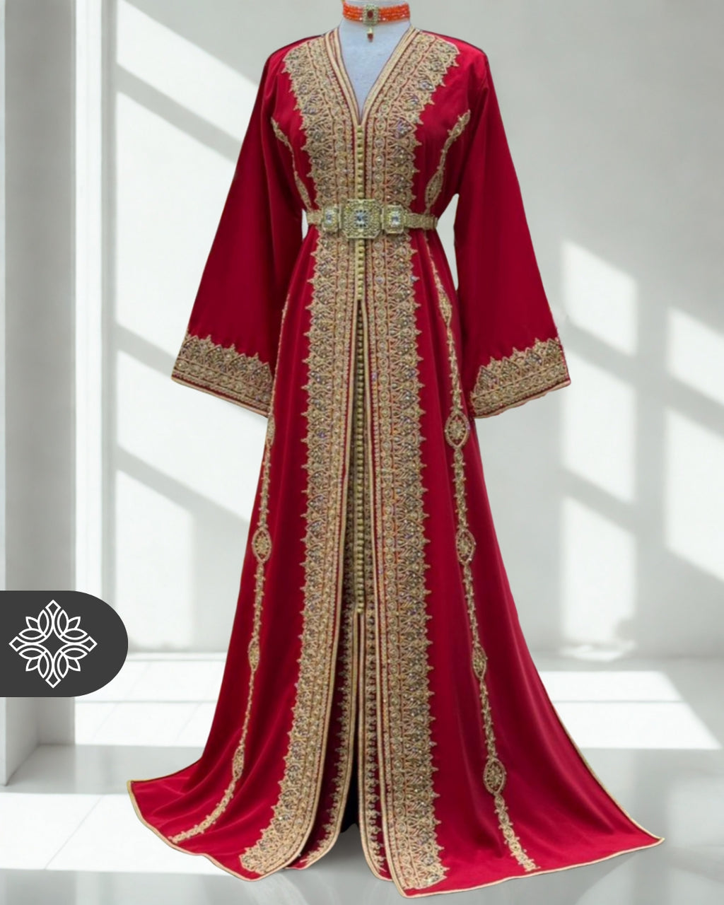 Royal Moroccan Two-Piece Kaftan | Red & Gold Embroidered Luxury Design
