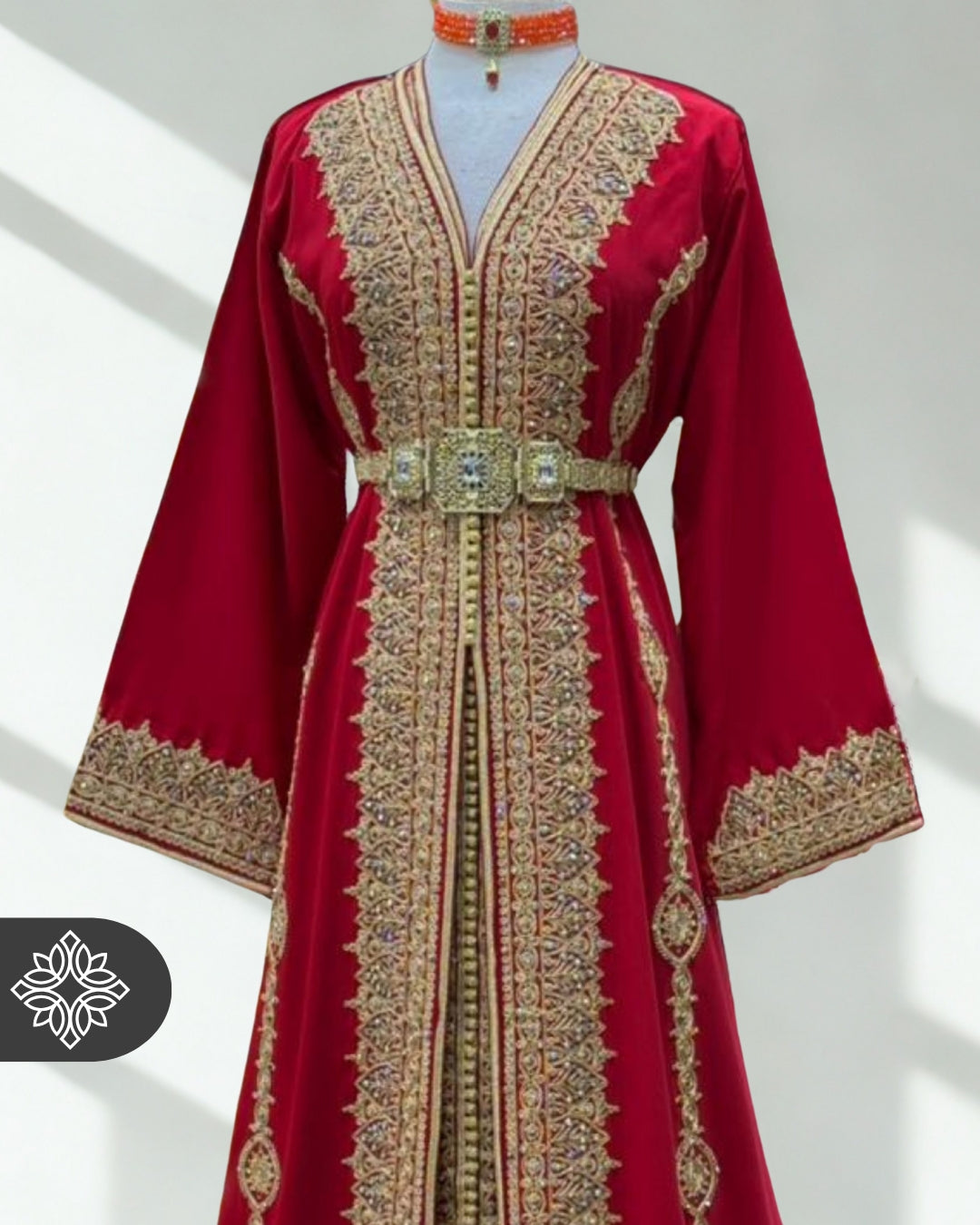 Royal Moroccan Two-Piece Kaftan | Red & Gold Embroidered Luxury Design