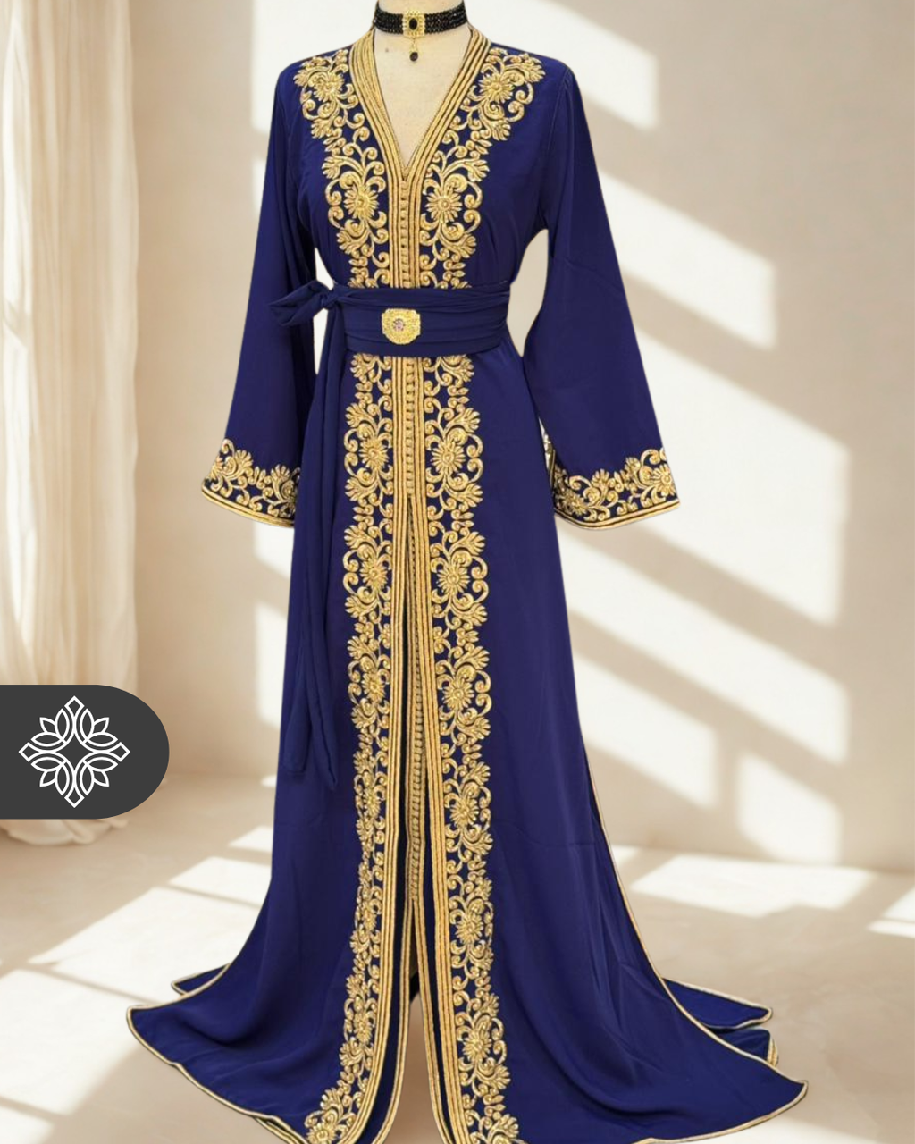 Elegant Moroccan Kaftan — Imperial Navy with Gold Embroidery