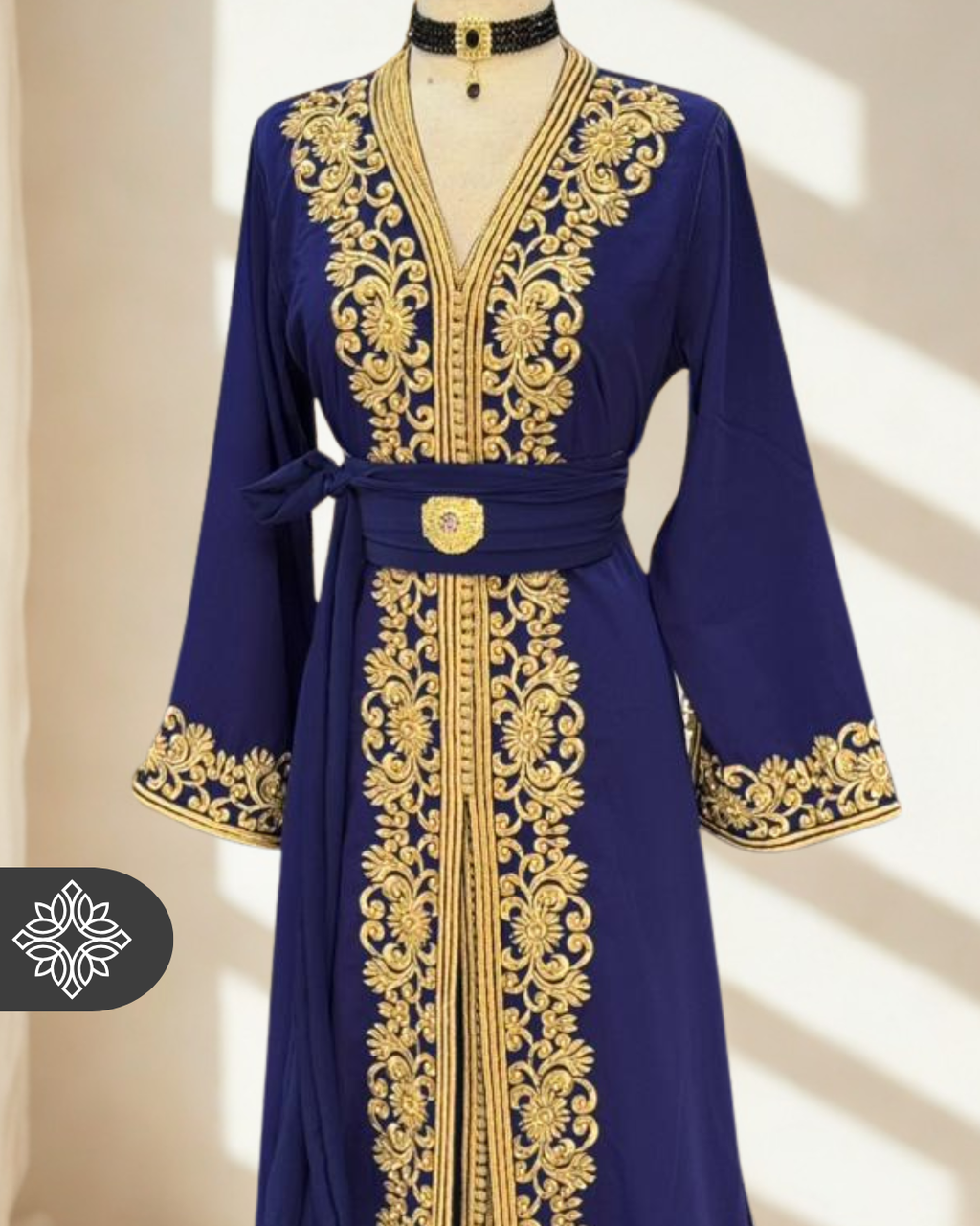 Classic Moroccan Kaftan — Midnight Black with Gold Embroidery